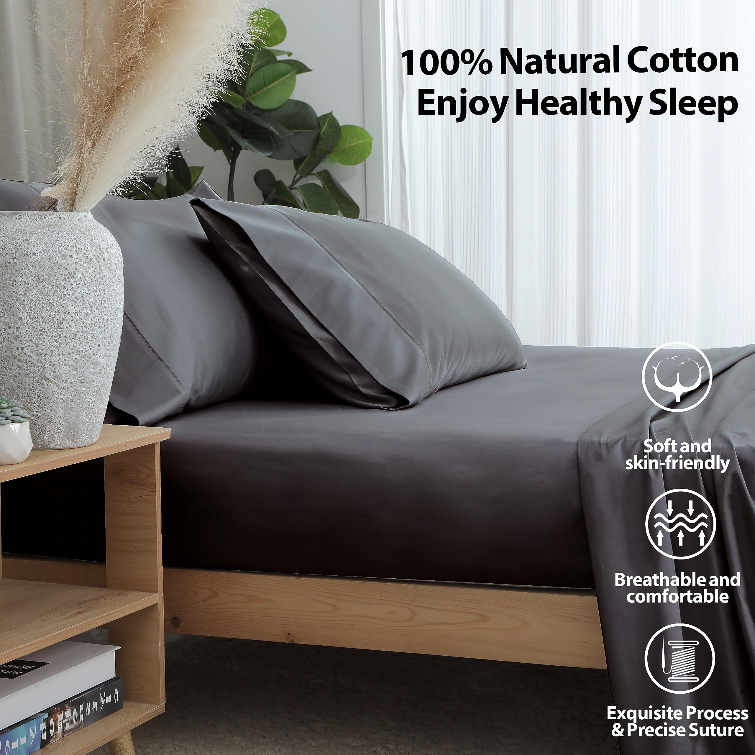 2-Pack Pure Cotton Fitted Sheet Queen Size, 600 Thread Count 16'' Deep Pocket Egyptian Cotton Fitted Sheet (2Pcs, Queen, Dark Gr