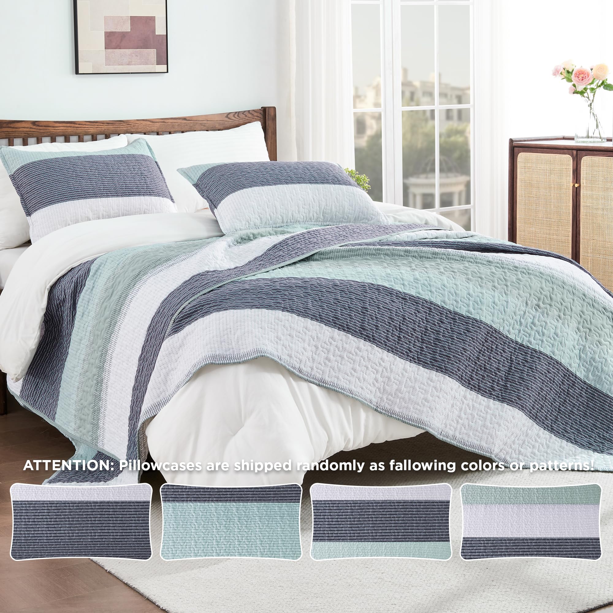 Andency Mint Green Striped Oversized King Quilt Set, 3 Pieces (1 Quilt And 2 Pillowcases) Patchwork Bedspread Coverlet Set, Soft Lightweight Quilted Bedding Set(128X120Inch