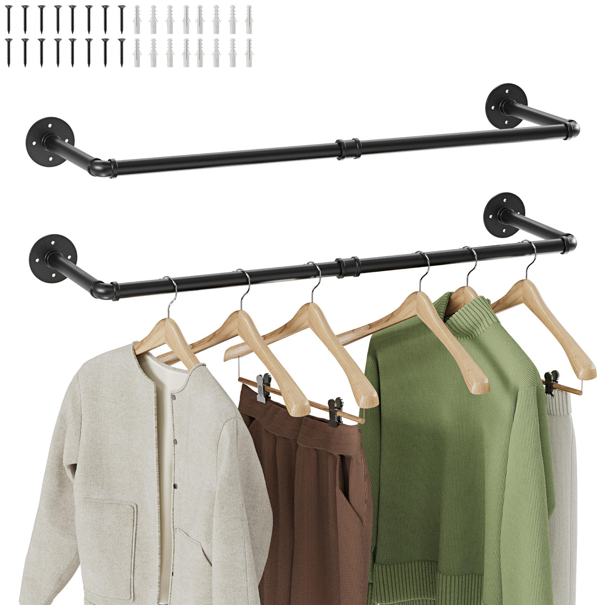RSFMAS Wall Mounted Clothes Rack 2 Pack, Industrial Pipe Clothing Rack 36 Inch Black, Wall Clothes Hanger for Bedroom, Cloakroom