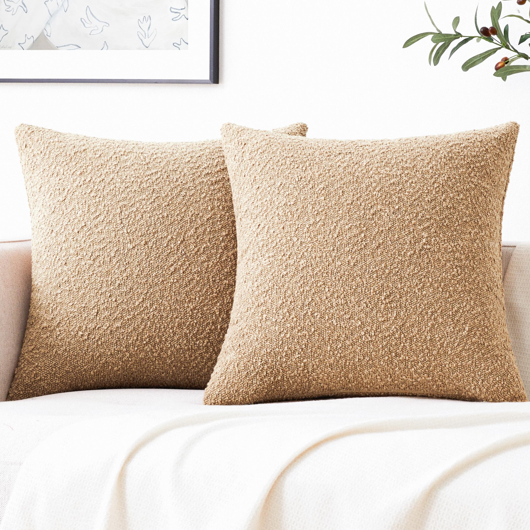 Mixhug Decorative Boucle Throw Pillow Covers, Camel, 18 X 18 Inches, Pack Of 2 - Textured Boho Pillow Covers For Couch And Bed