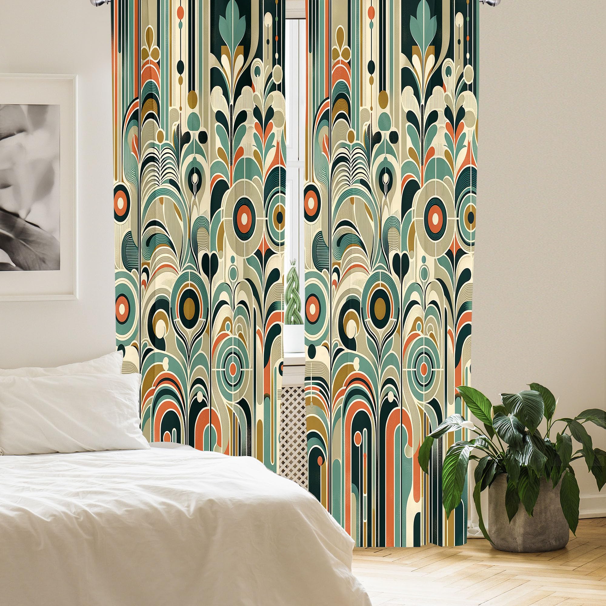 Ambesonne Abstract Modern Curtains, Leafy Silhouettes With Roundy Shapes Jumble Geometric Scandi, Window Treatments 2 Panel Set