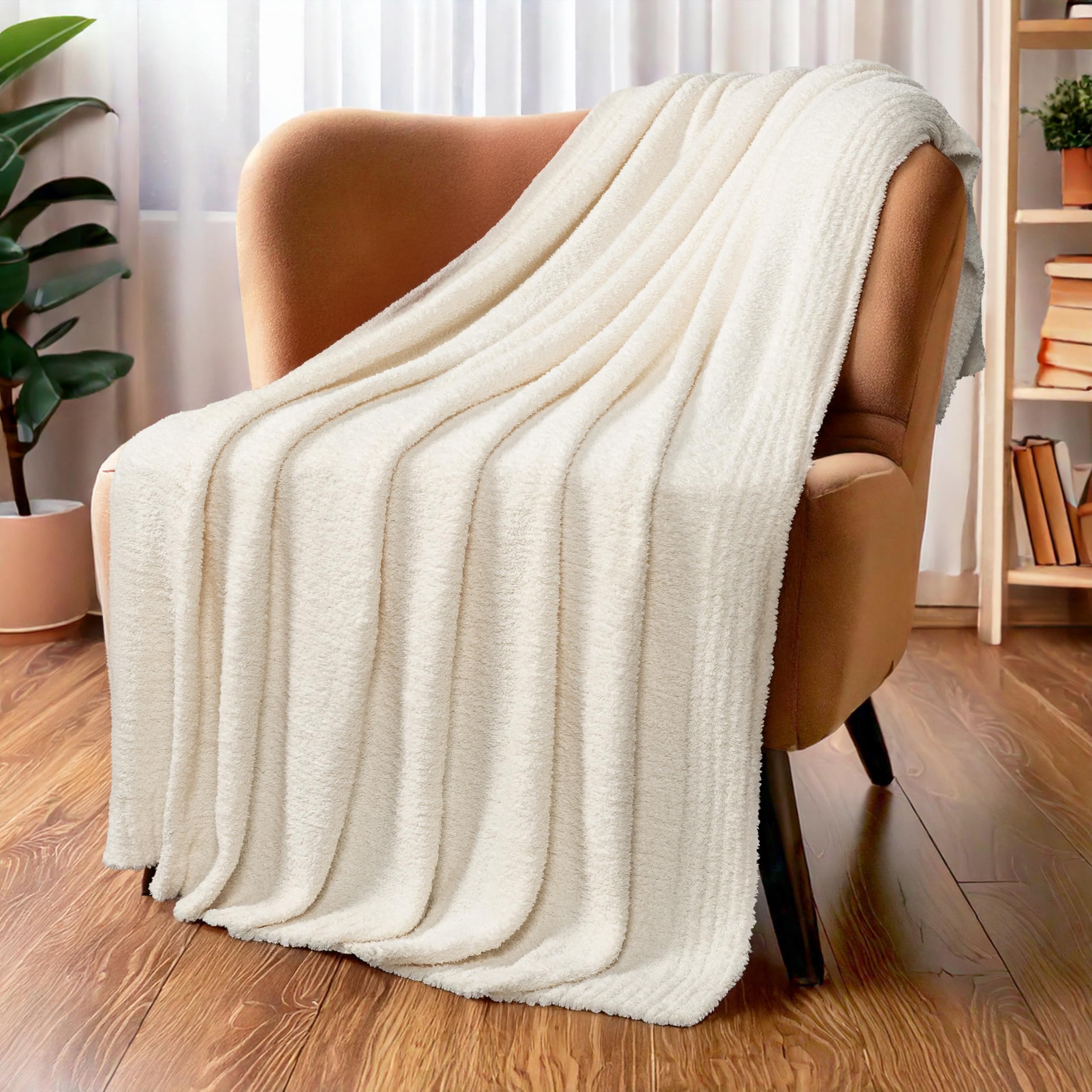 Pavilia Super Soft Throw Blanket For Couch, Fluffy Cozy Lightweight Cream Blanket, Fuzzy Warm Knit Blanket For Bed Sofa, Beige,