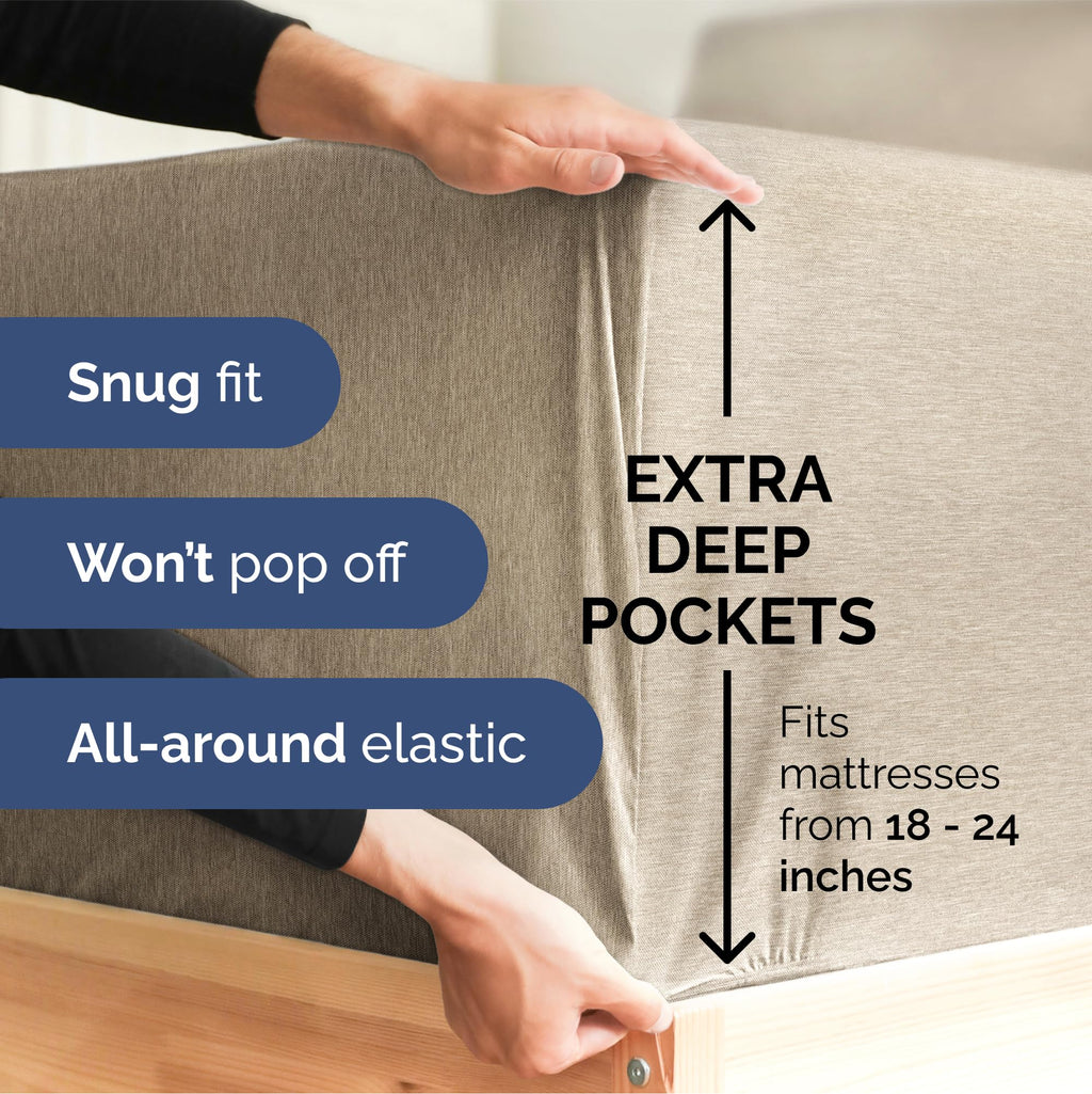 Extra Deep Pocket Cal King Sheets - 4 Piece Breathable & Cooling Bed Sheets - Hotel Luxury Bed Sheet Set - Soft, Wrinkle Free & Comfy - Easily Fits Extra Deep Mattresses - Heathered Beige Sheets Set