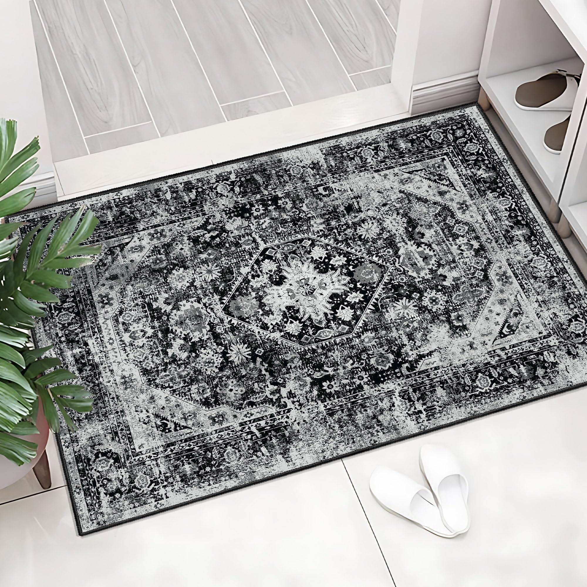 MUJOO Black Rug Washable Small Entryway Rug Boho Bathroom Rugs for Bedroom Non Slip Throw Carpet Entry Area Rug for Front Door L