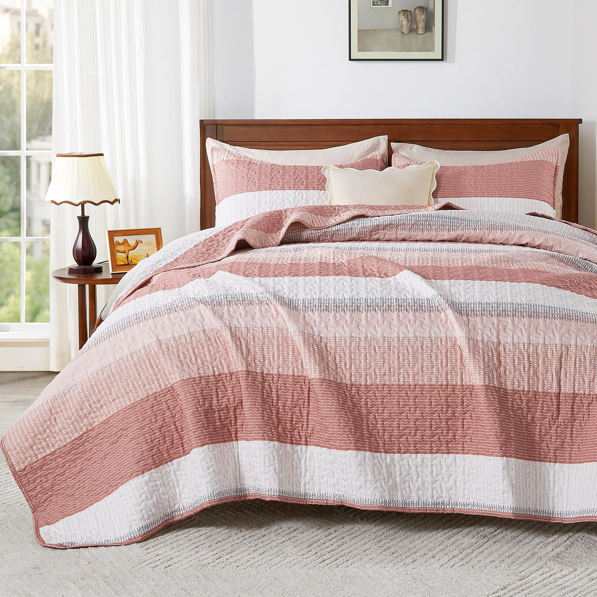 Andency Queen Quilt Bedding Set Blush Pink, 3 Pieces Patchwork Summer Striped Ultra Soft Lightweight Bedspreads, Coverlets Set With 2 Pillow Shams For All Seasons (90'X96')