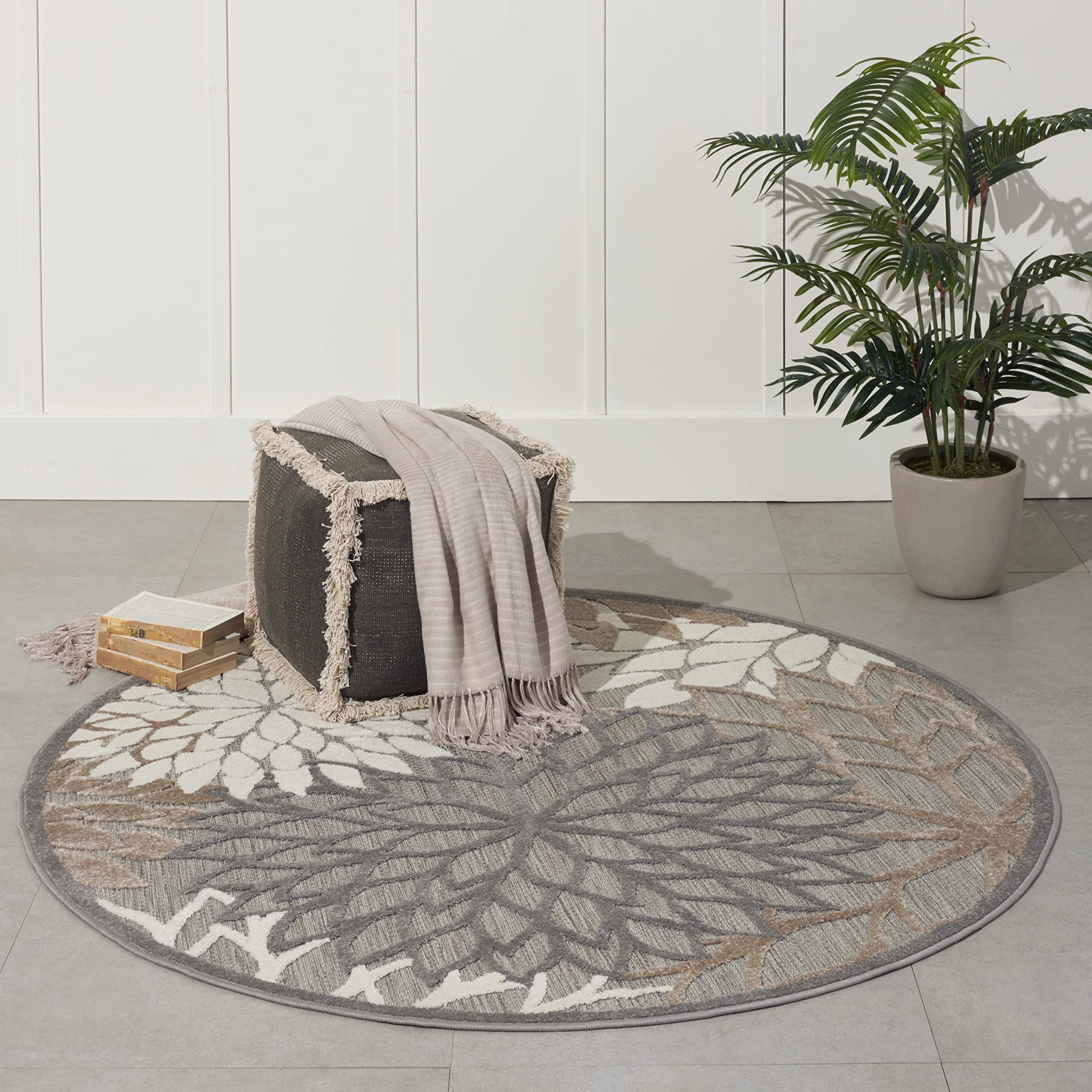 Nourison Aloha Indoor/Outdoor Area Rug 4', Natural, Round Tropical Botanical Easy -Cleaning Non Shedding Bed Room Living Room Di