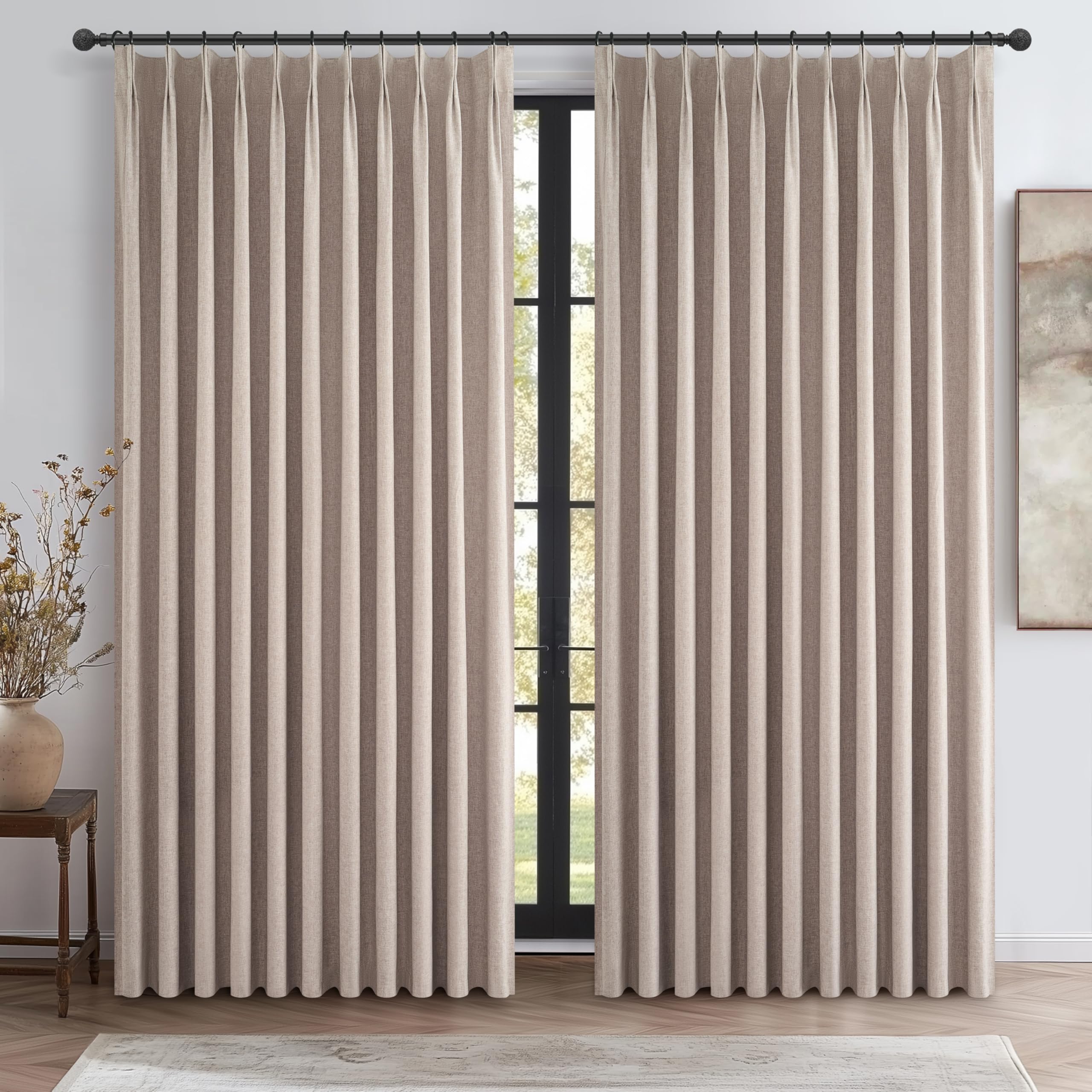 Pinch Pleated Flax Linen Blackout Extra Wide Curtain Panels for Living Room/Sliding Glass Door, Thick Burlap Memory Trained Wind