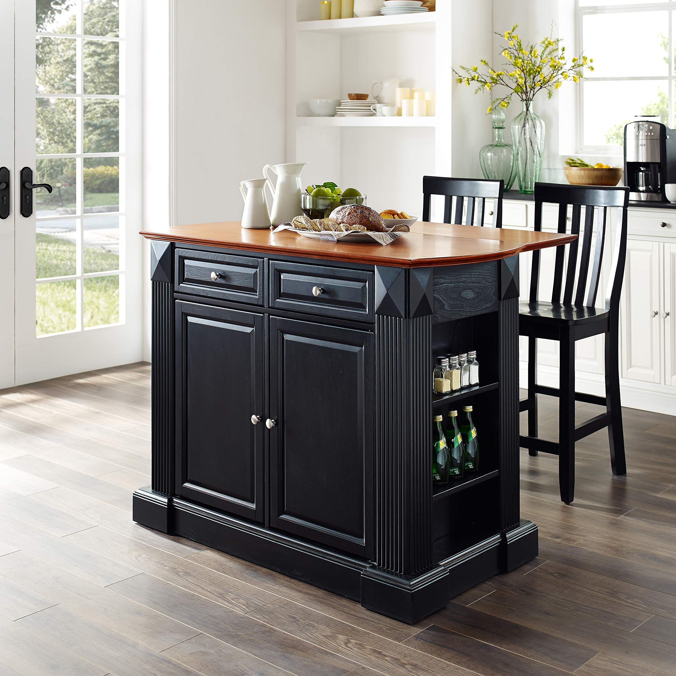 Crosley Furniture Drop Leaf Kitchen Island/Breakfast Bar With 24-Inch Schoolhouse Stools - Black