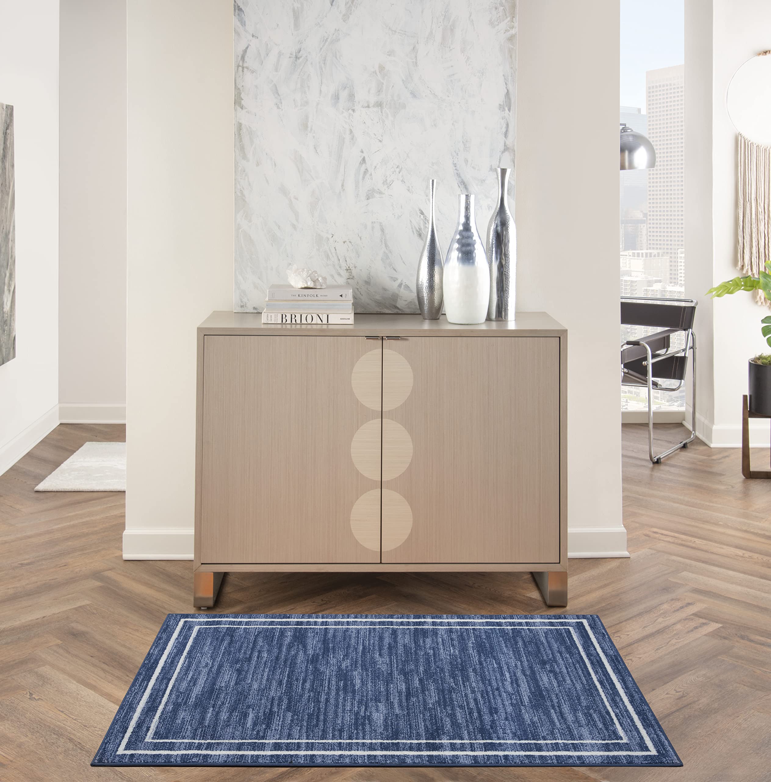 Nourison Essentials Indoor/Outdoor Navy/Ivory 3' X 5' Area Rug, Easy Cleaning, Non Shedding, Bed Room, Living Room, Dining Room,