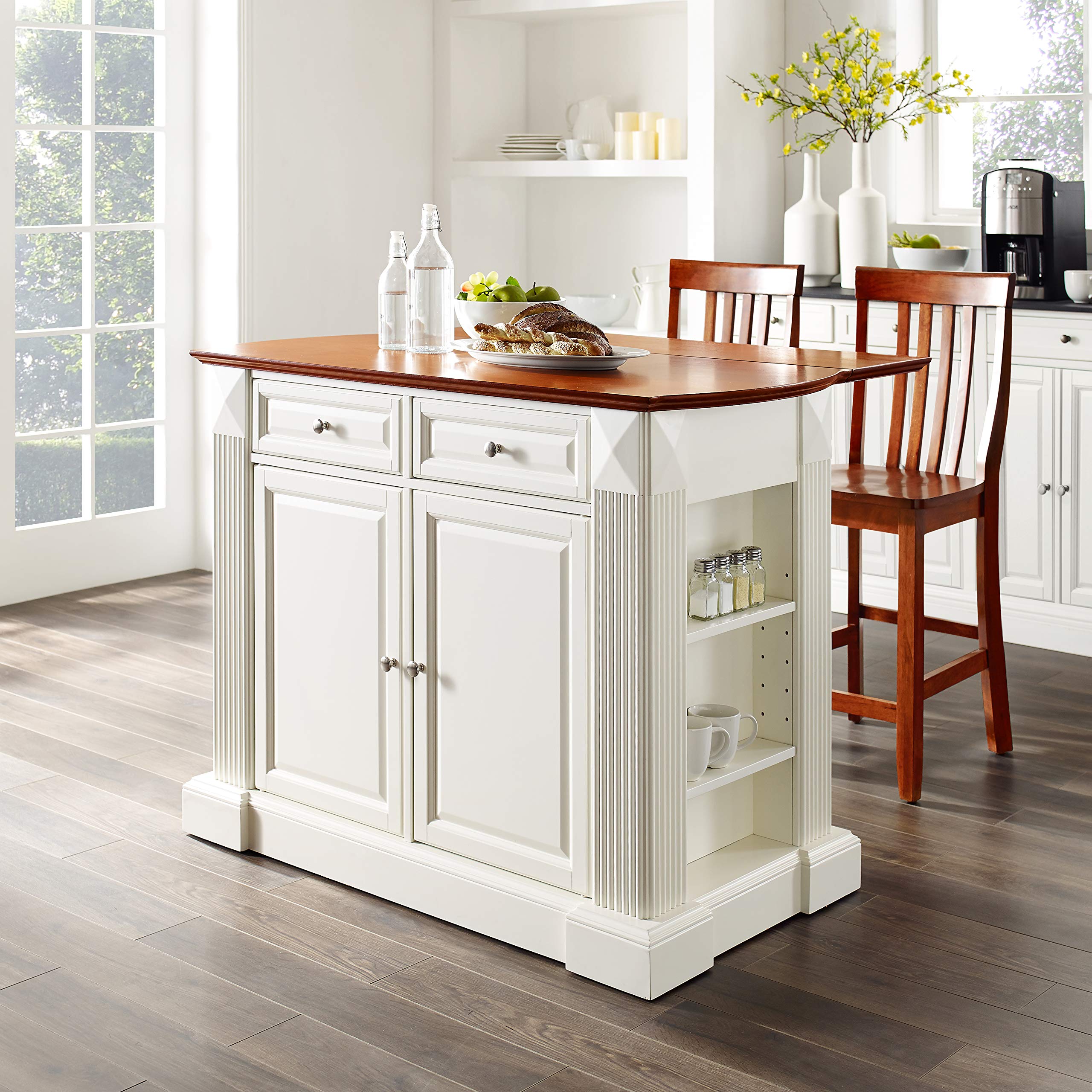 Crosley Furniture Drop Leaf Kitchen Island/Breakfast Bar With 24-Inch Schoolhouse Stools - White / Classic Cherry