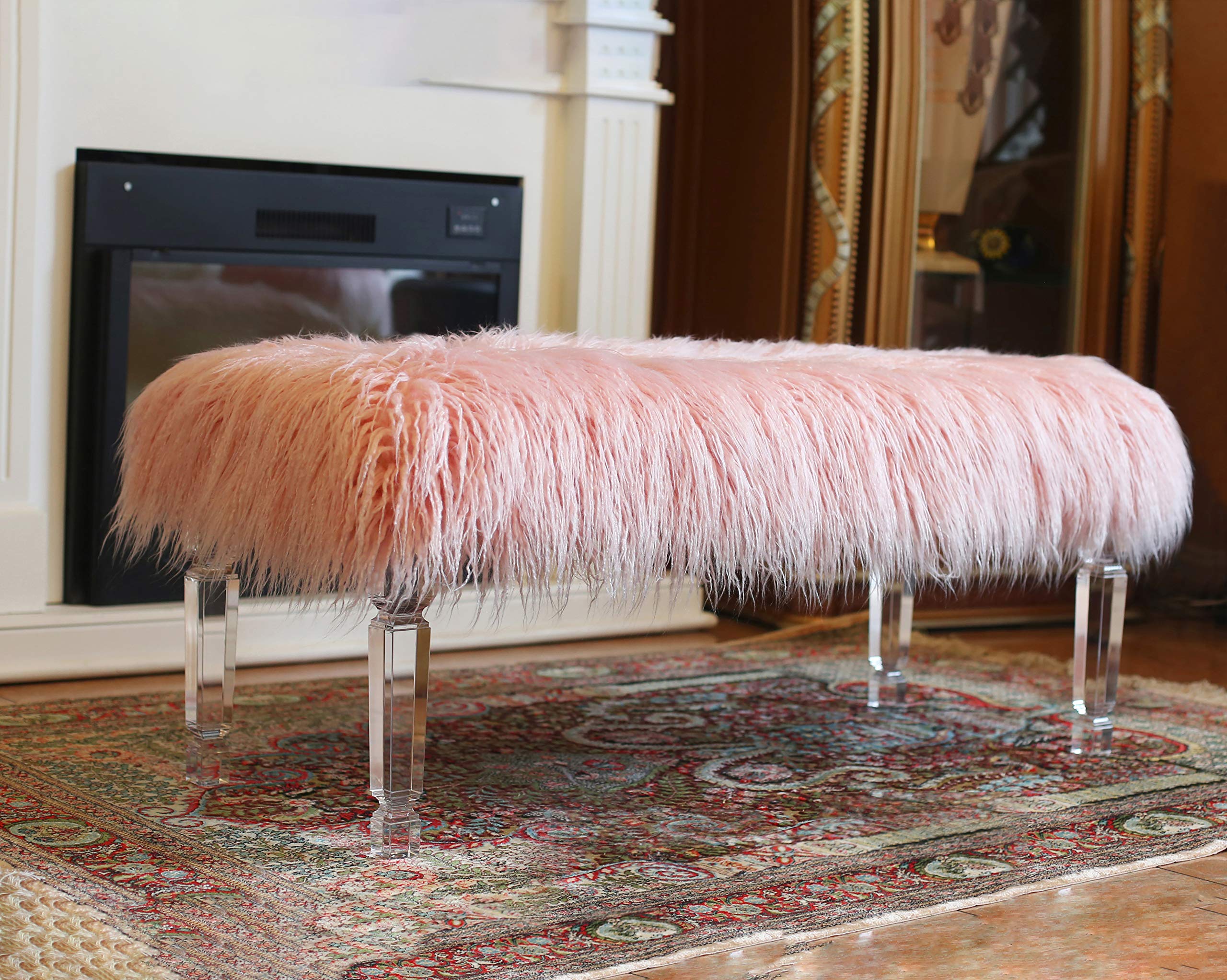 Best Quality Furniture Rectangle Fur Bench, Pink