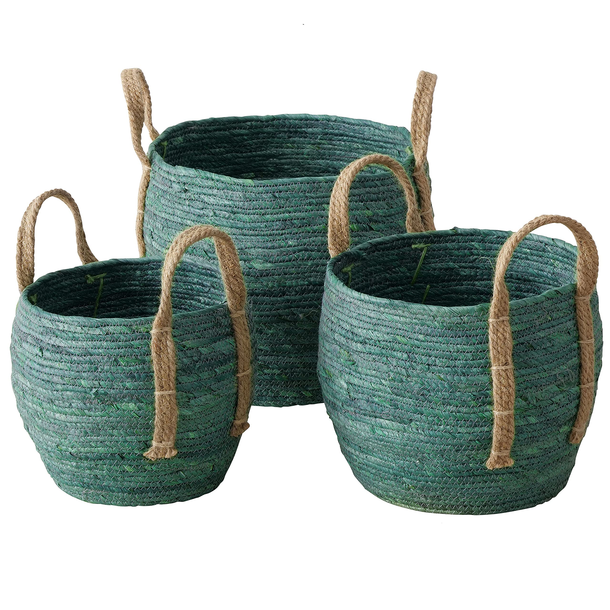 Farmers 3 Piece Basket Set, Green Dye Soaked Floor and Shelf Organizers, Corn Husk Wicker, Durable Chunky Rope Weave, Handles, S