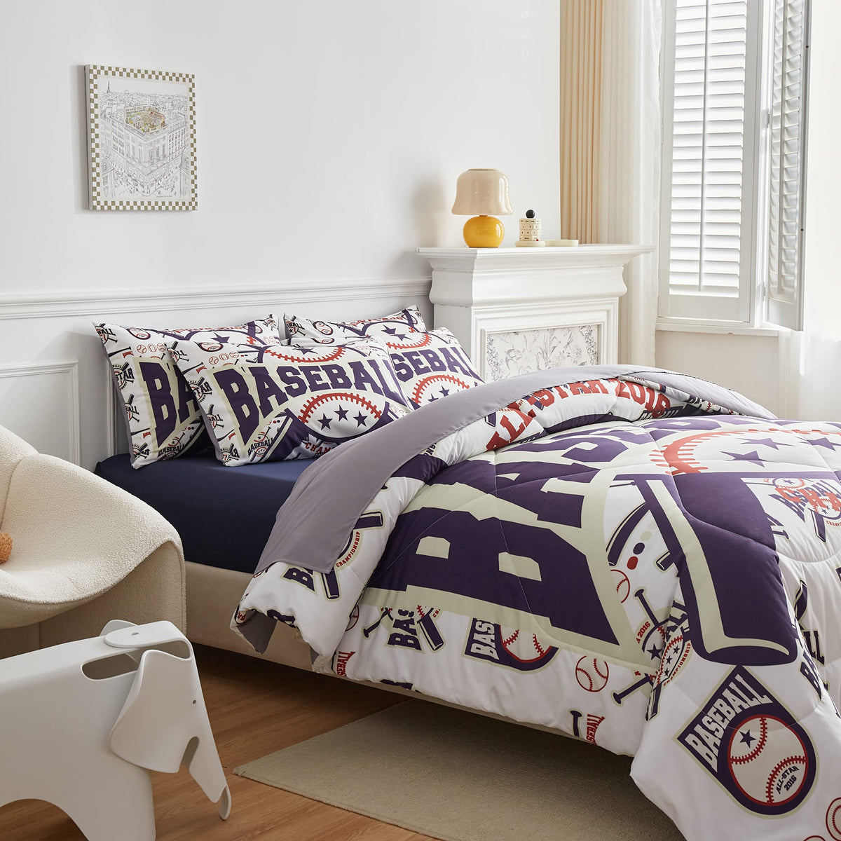 Fairy Kaari Kids Baseball Comforter Set Bed In A Bag Twin Size 7Pc Baseball Cartoon Bedding Set For Teens Boys Girls (1 Comforte