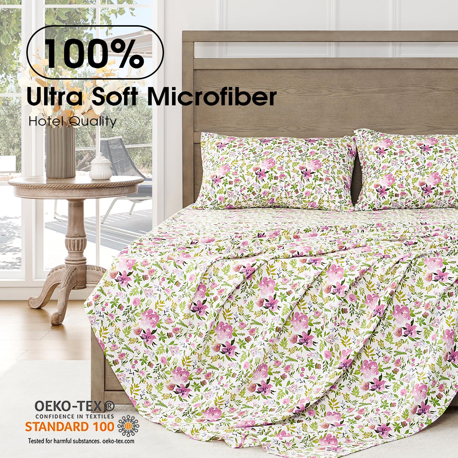 FreshCulture Floral Queen Bed Sheets - Ultra Soft Brushed Microfiber, Deep Pockets up to 16, Hotel Luxury 4 Piece Set, Aquarelle Design