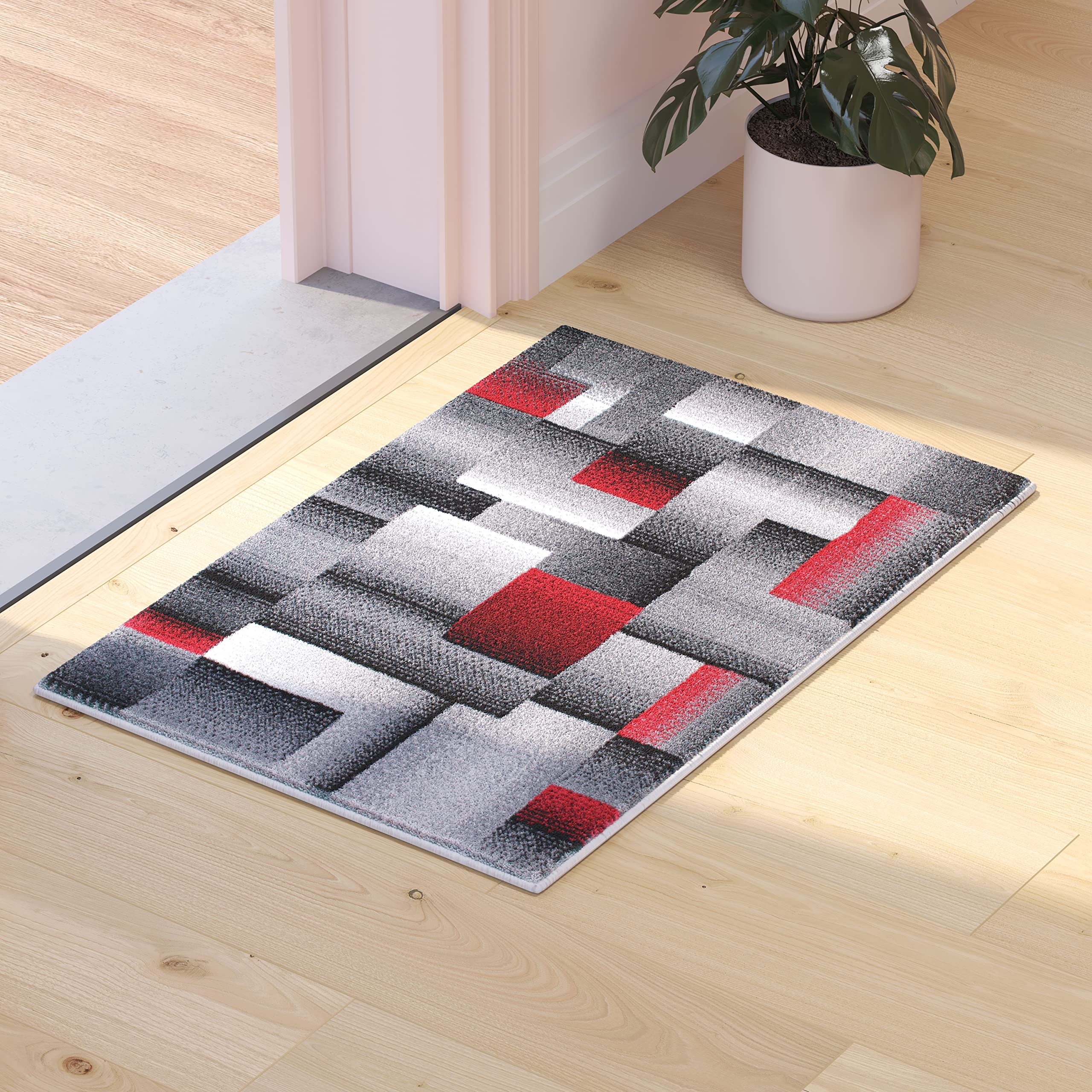 Flash Furniture Elio Collection Color Blocked Pattern Area Rug - High Pile Red Olefin Rug - 2' X 3' Area Rug - Jute Backing - Hallway, Entryway, Bedroom