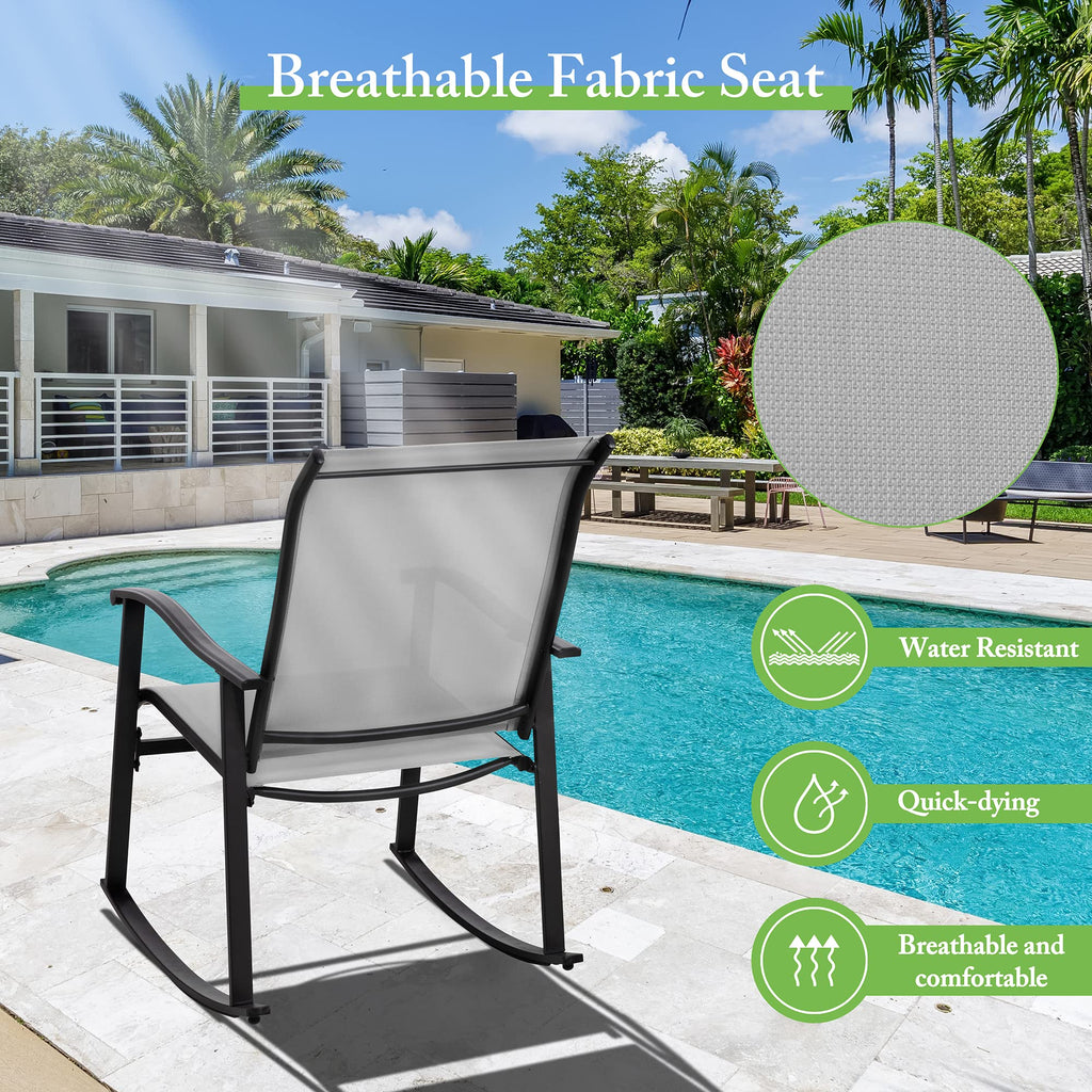 Shintenchi 3 Piece Rocking Bistro Set, Outdoor Furniture With Rocker Chairs And Glass Coffee Table Set Of 3, Balcony, Porch Furniture For Small Space, Light Gray