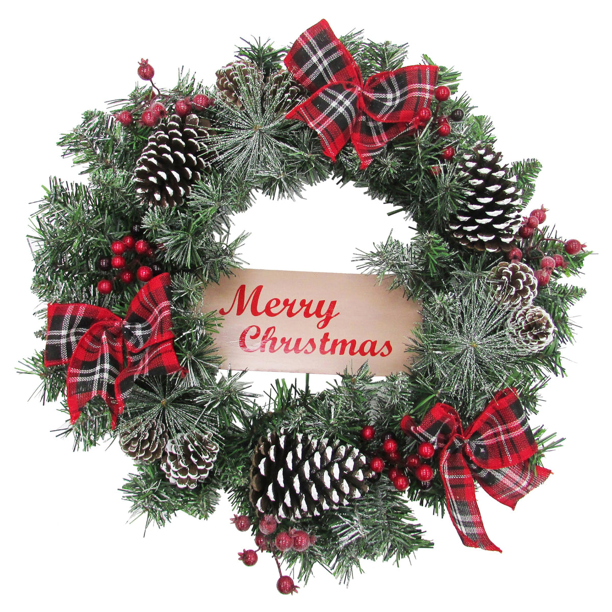 &quot;Fraser Hill Farm 24&quot;&quot; Christmas Frosted Wreath Door Hanging With Pinecones, Berries, And Plaid Bows, Ff024Chwr006-0Rd&quot;, Red