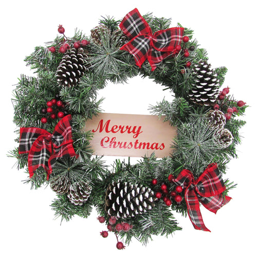 "Fraser Hill Farm 24"" Christmas Frosted Wreath Door Hanging With Pinecones, Berries, And Plaid Bows, Ff024Chwr006-0Rd", Red