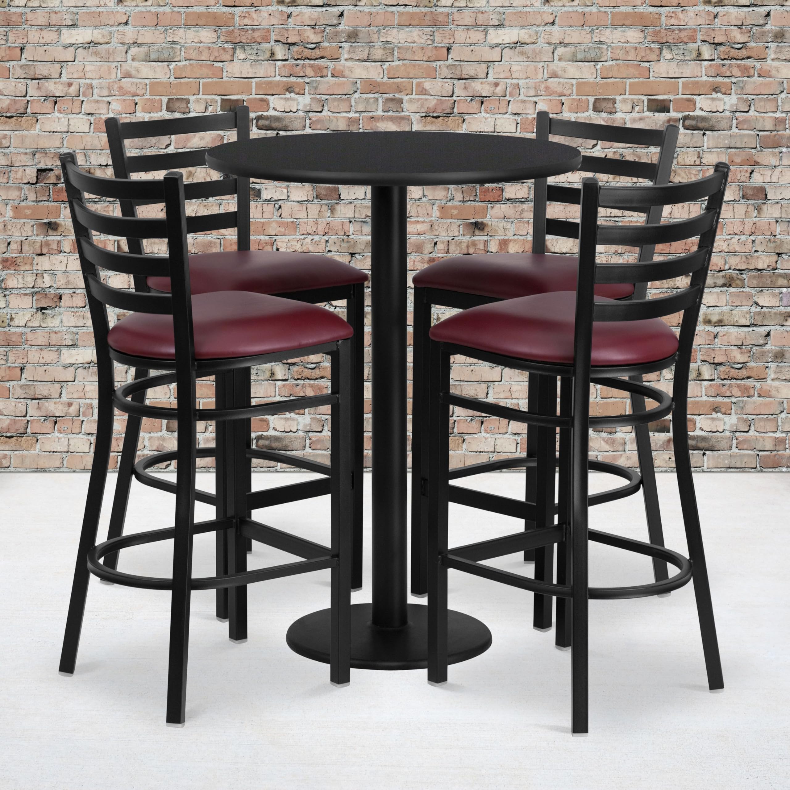 Flash Furniture Jamie 30'' Round Black Laminate Table Set With Round Base And 4 Ladder Back Metal Barstools - Burgundy Vinyl Seat