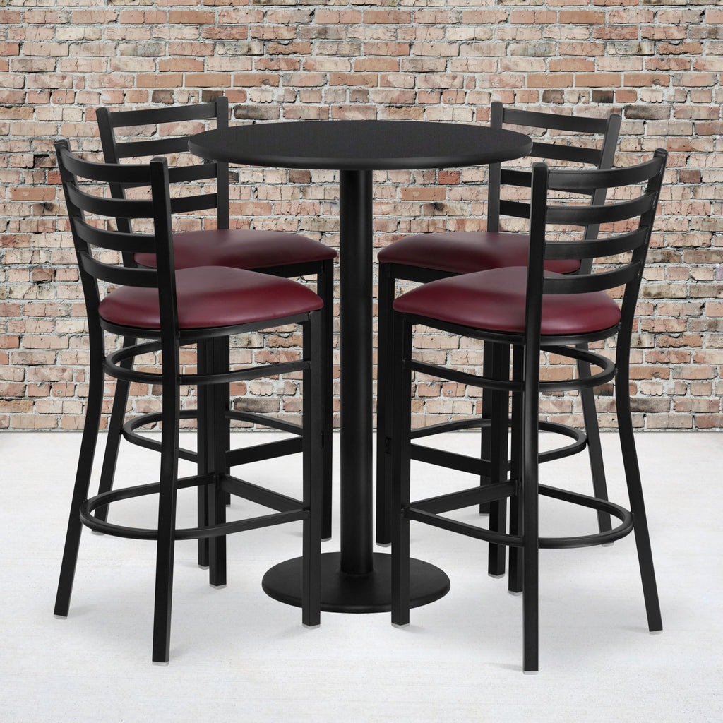 Flash Furniture Jamie 30'' Round Black Laminate Table Set With Round Base And 4 Ladder Back Metal Barstools - Burgundy Vinyl Seat