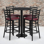 Flash Furniture Jamie 30'' Round Black Laminate Table Set With Round Base And 4 Ladder Back Metal Barstools - Burgundy Vinyl Seat