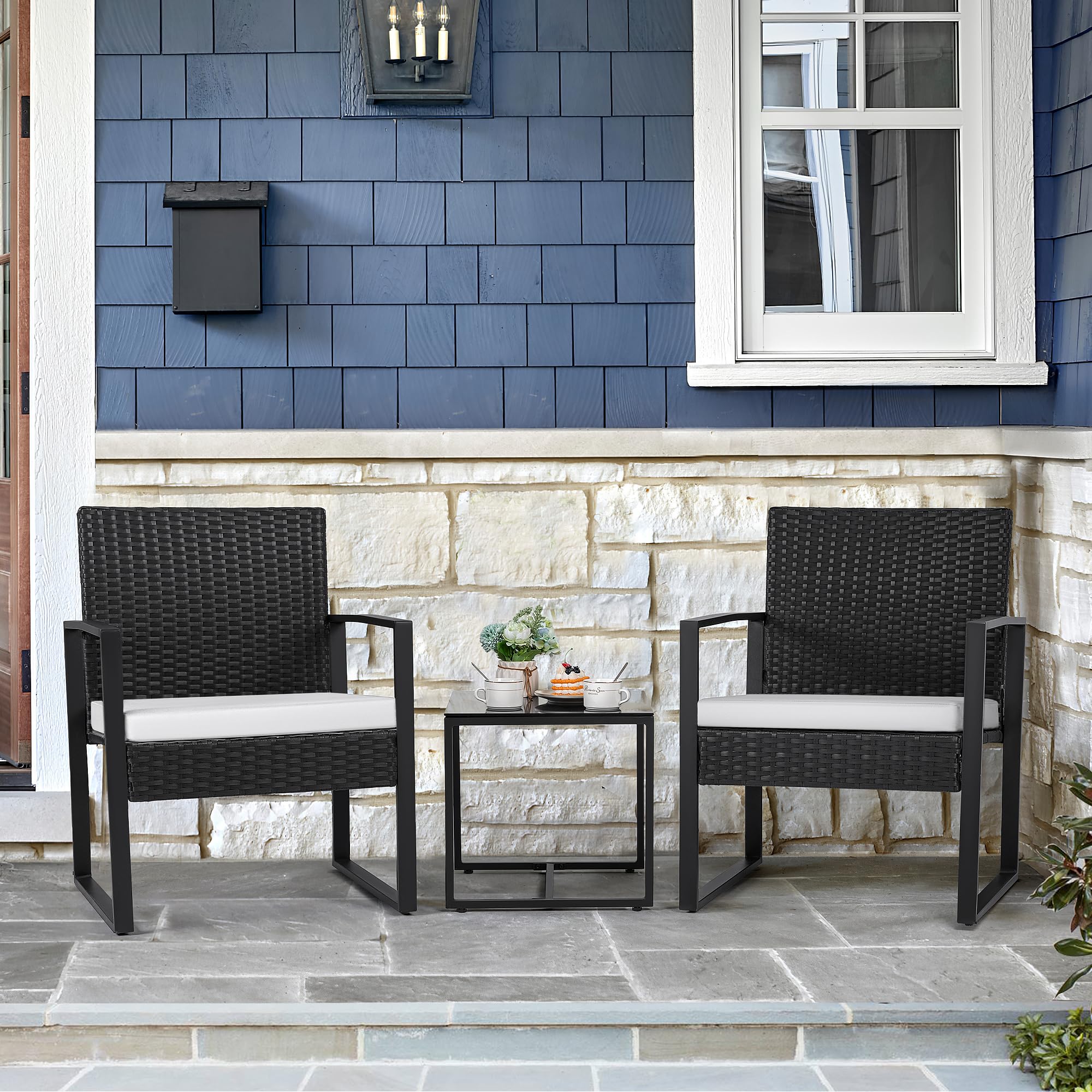 Flamaker 3 Pieces Patio Furniture Outdoor Wicker Modern Rattan Chair Conversation Sets With Coffee Table For Yard, Bistro(White)