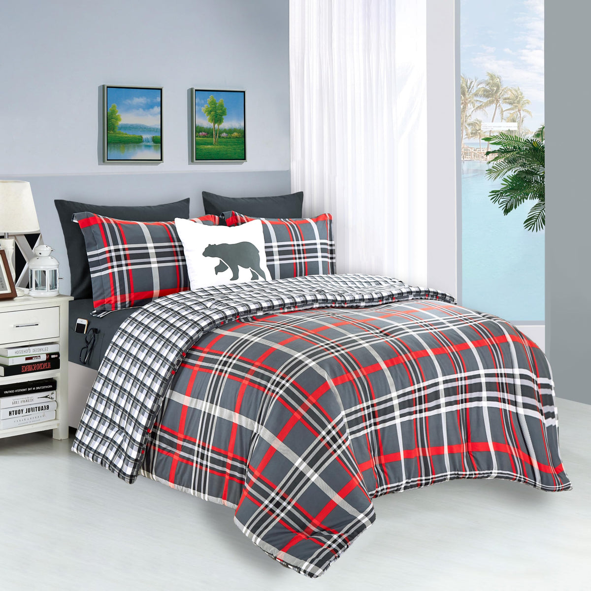 Elegant Comfort Silky Soft 8-Piece Plaid Lodge Bed-In-A-Bag Comforter Set, Includes 4Pc Smart Sheet Set, Comforter, Decorative Pillow, Matching Pillowcases And Shams - Twin/Twin Xl, Gray