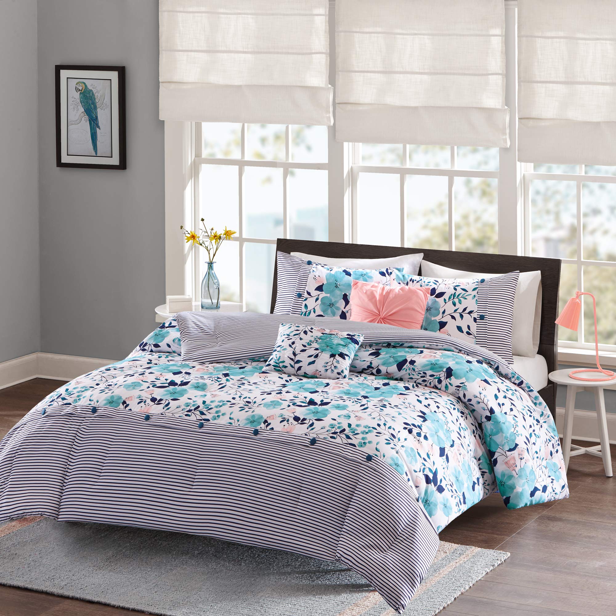 Intelligent Design Delle Comforter Set Twin/Twin Xl Size - Blue , Floral Stripes – 4 Piece Bed Sets – Ultra Soft Microfiber Teen Bedding For Girls Bedroom