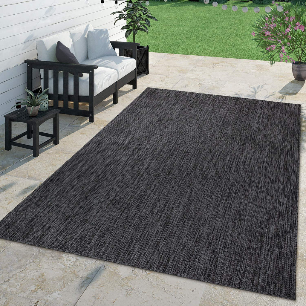Solid Outdoor Rug For Patio Or Balcony Waterproof In Mottled Anthracite, Size: 5'3' Round