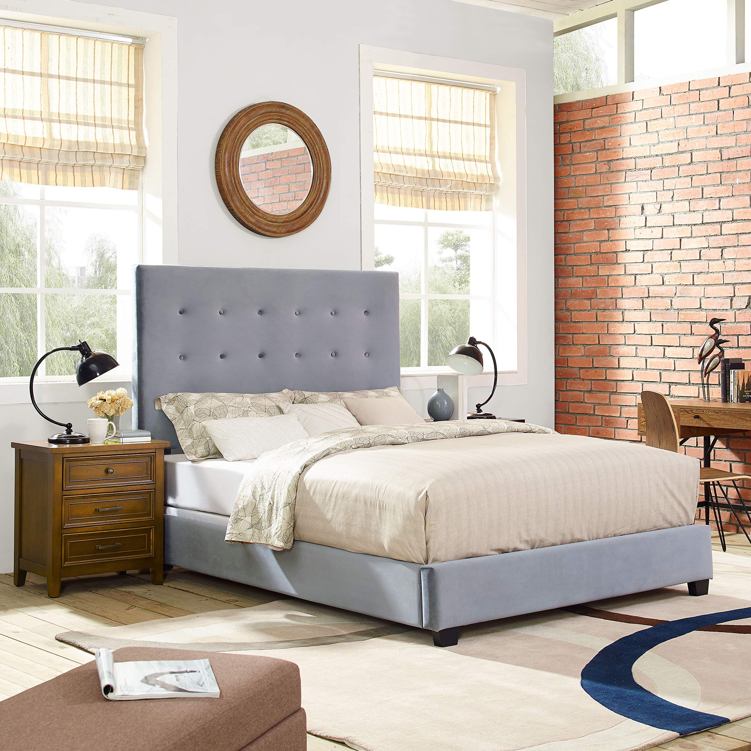 Crosley Furniture Reston Upholstered Bed Set, Shale Microfiber, King