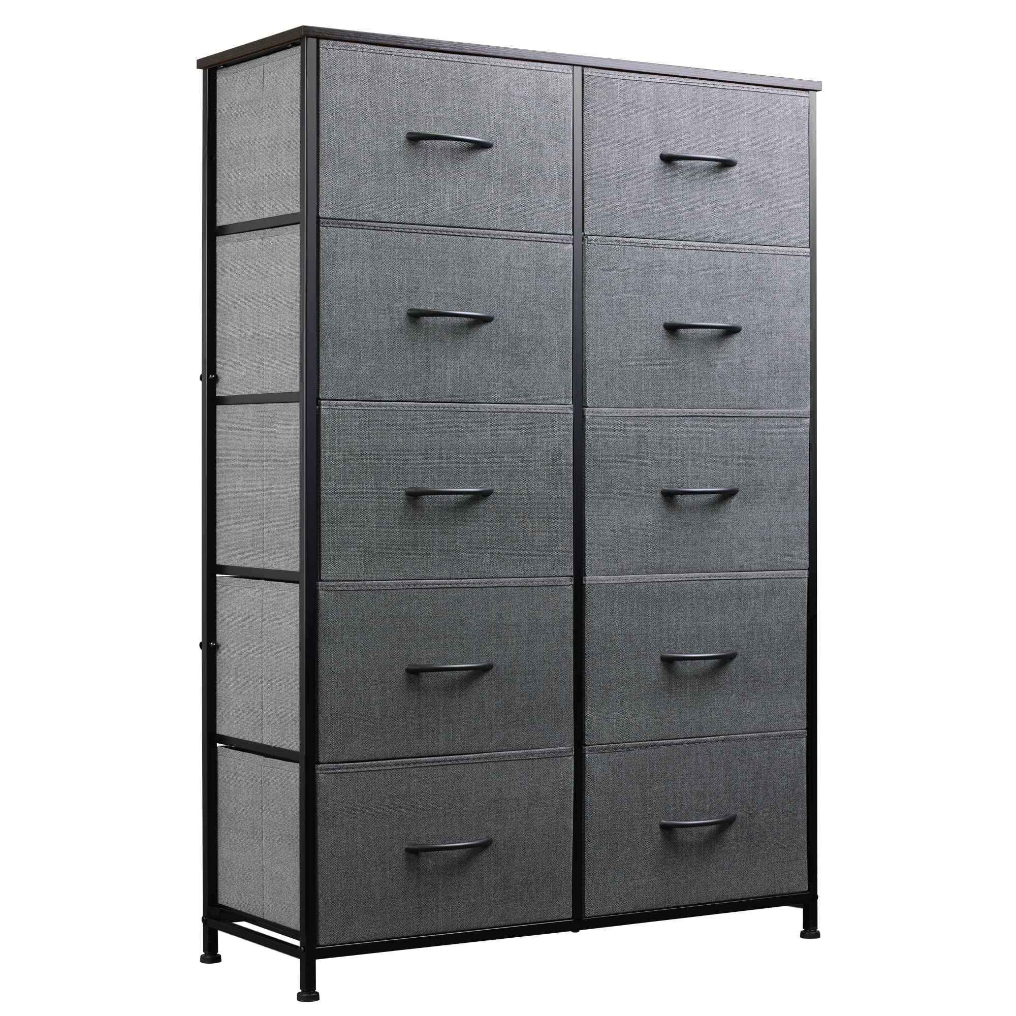Wlive 10-Drawer Dresser, Fabric Storage Tower For Bedroom, Hallway, Nursery, Closets, Tall Chest Organizer Unit With Textured Print Fabric Bins, Steel Frame, Wood Top, Easy Pull Handle, Dark Grey