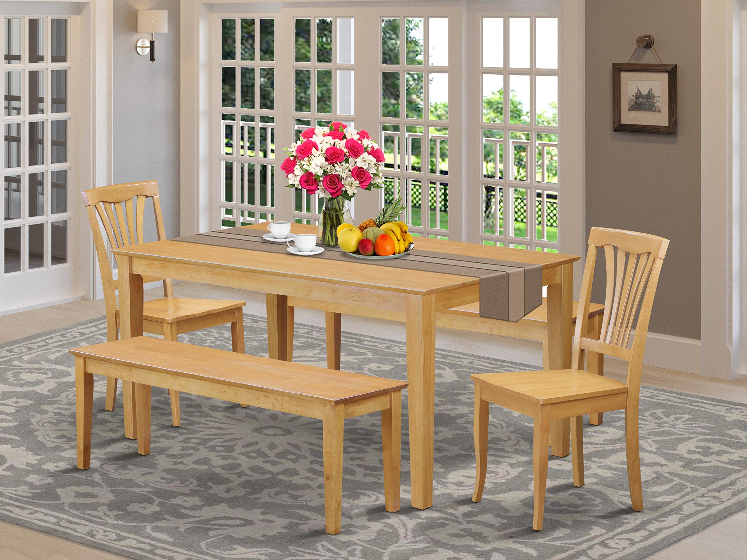 East West Furniture CAAV5C-OAK-W 5 Piece Dining Table Set for 4 Includes a Rectangle Kitchen Table and 2 Dining Chairs with 2 Benches, 36x60 Inch, Oak