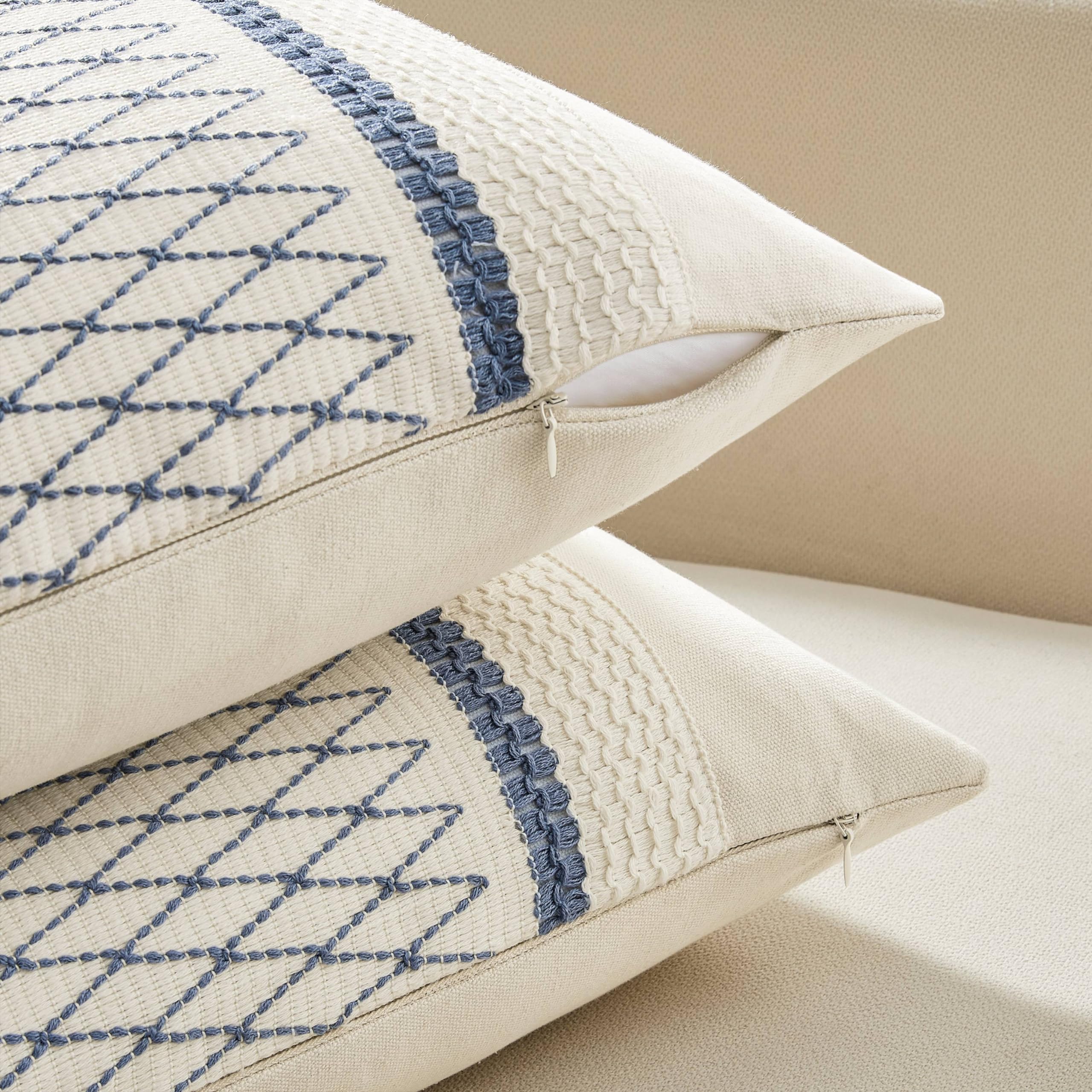 Zeemart 2 Packs Cotton Boho Throw Pillow Covers 16X16 Inch Grid Blue, Soft Farmhouse Decorative Couch Pillow Cases Blue Cushion Covers For Sofa Bed Living Room Home Decor ?