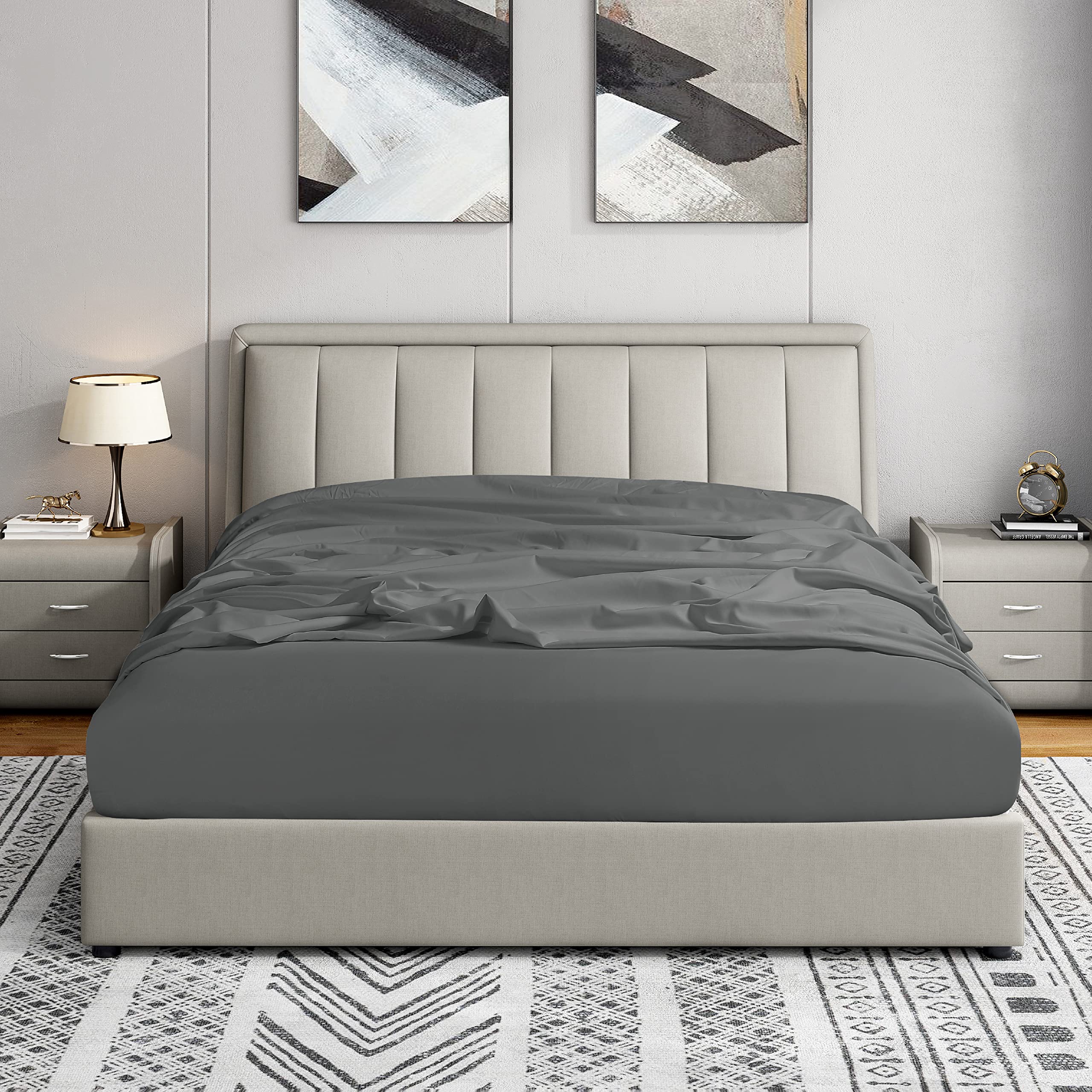 Cathay Home Full Fitted Sheet - Double Brushed Ultra Soft – Wrinkle & Fade Resistant - 14' Standard Pocket Fitted Sheet Only - Good Fit For 12'-16' Deep Mattress (Full, Gray)