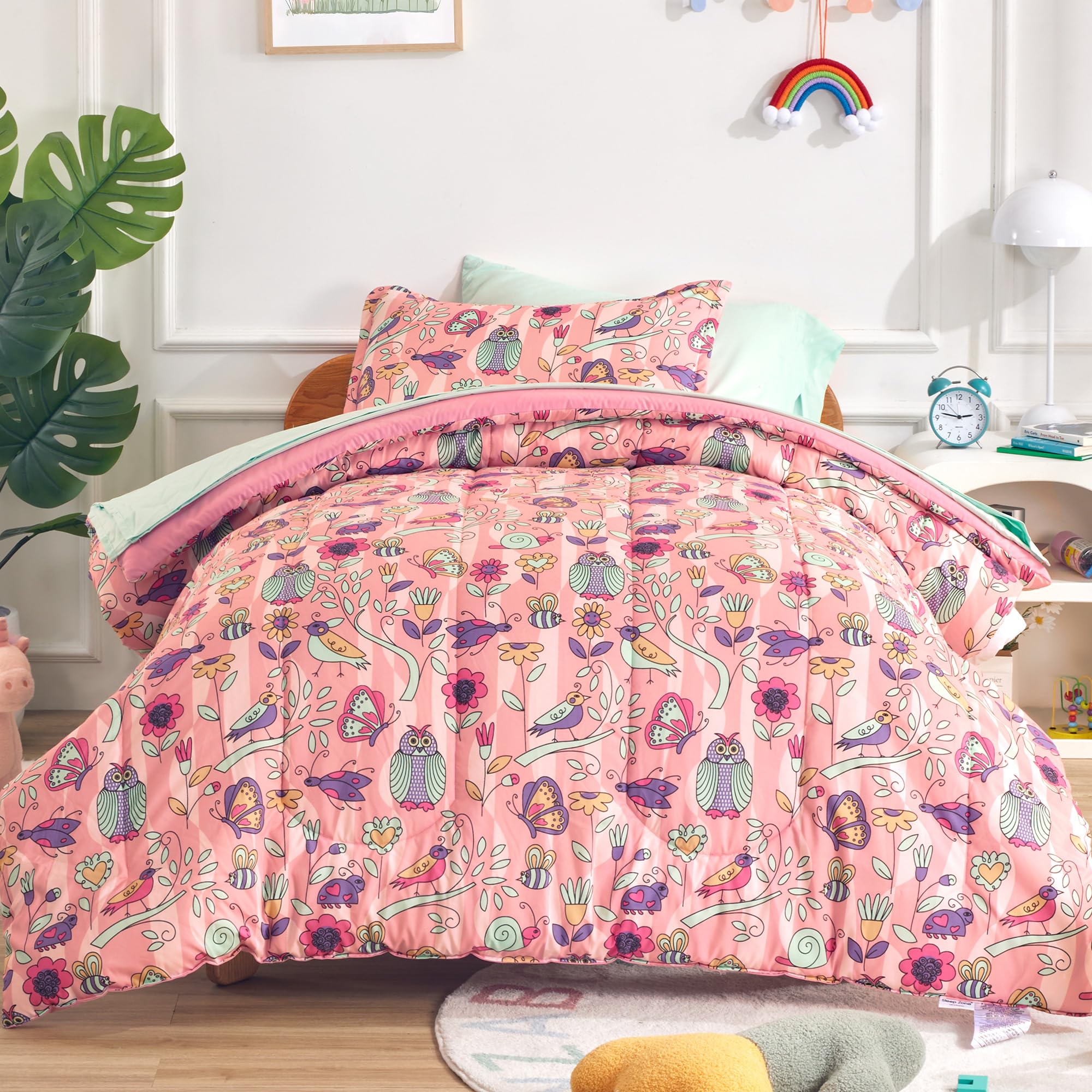 Sleep Zone Comforter Set Bed In A Bag, 7 Pieces Girls, Cattoon Pattern For Kids, Toddlers, Teens, Ultra Soft And Washable (Garde