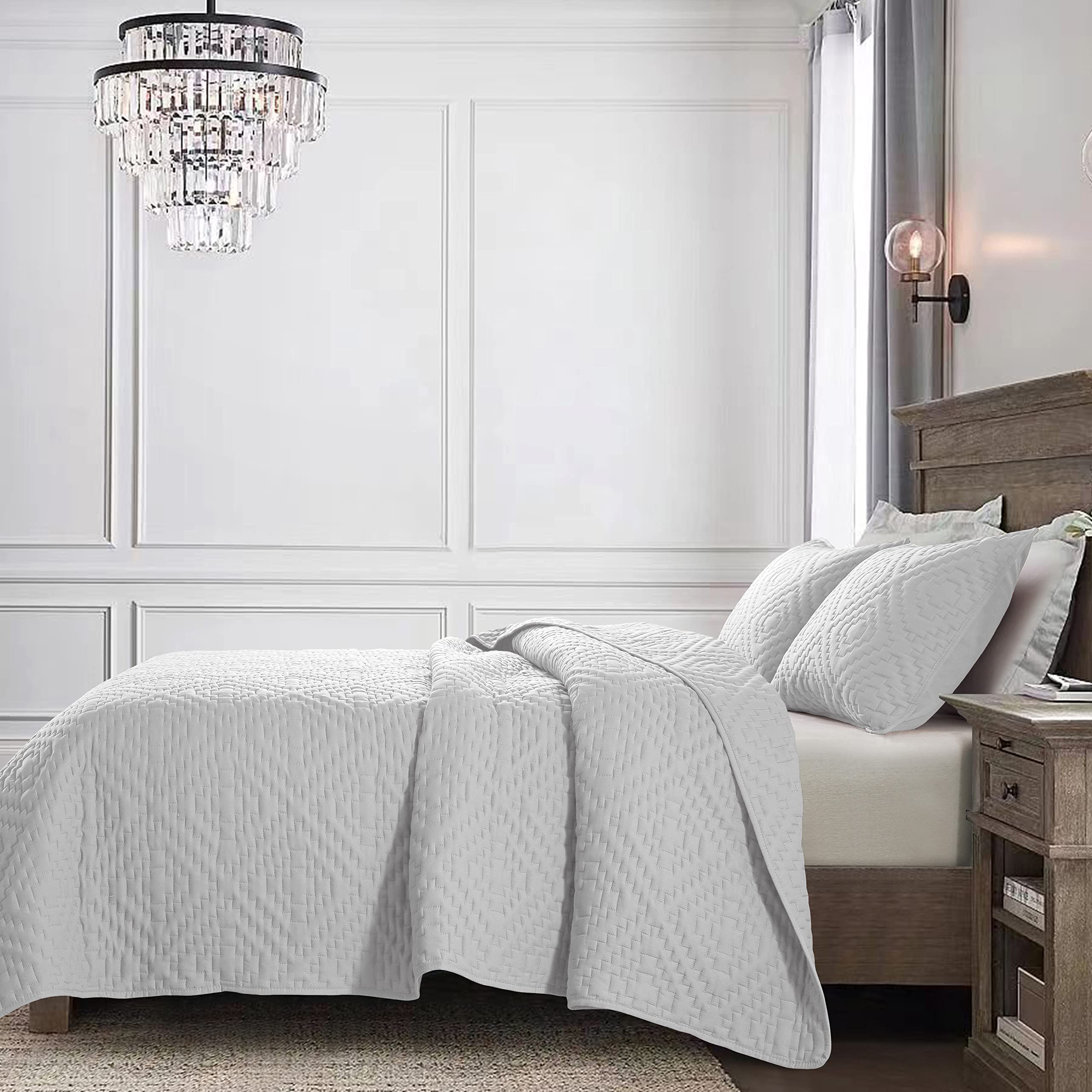 R.Share White Queen Size Quilt Bedding Sets With Pillow Shams, Boho Full Lightweight Soft Bedspread Coverlet, Quilted Blanket Th