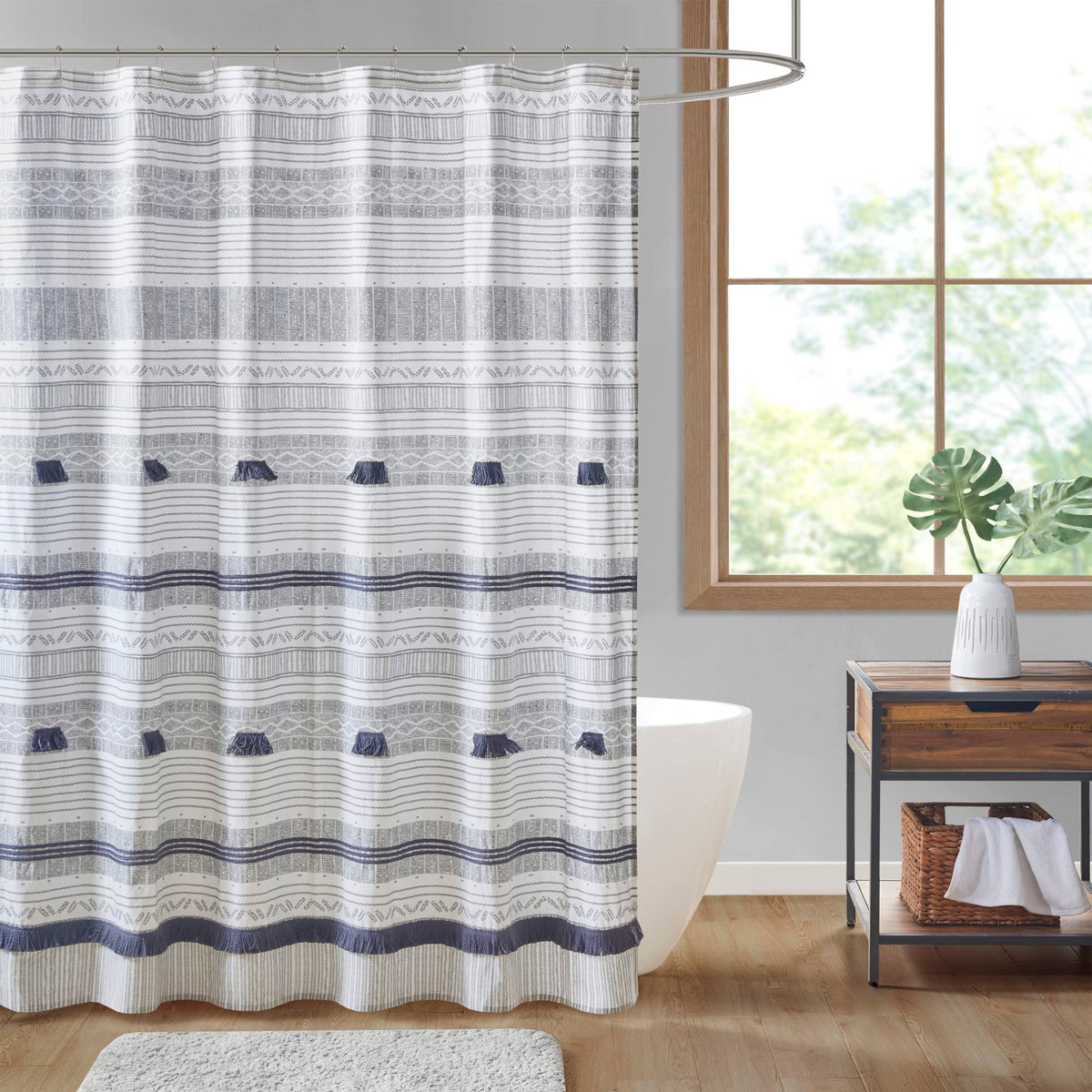 Ink+Ivy Cody 100% Cotton Shower Curtain, Boho Chic Printed Striped With Tassel Pompom, Fringes Trim, Modern Bathroom D?Or, Machi