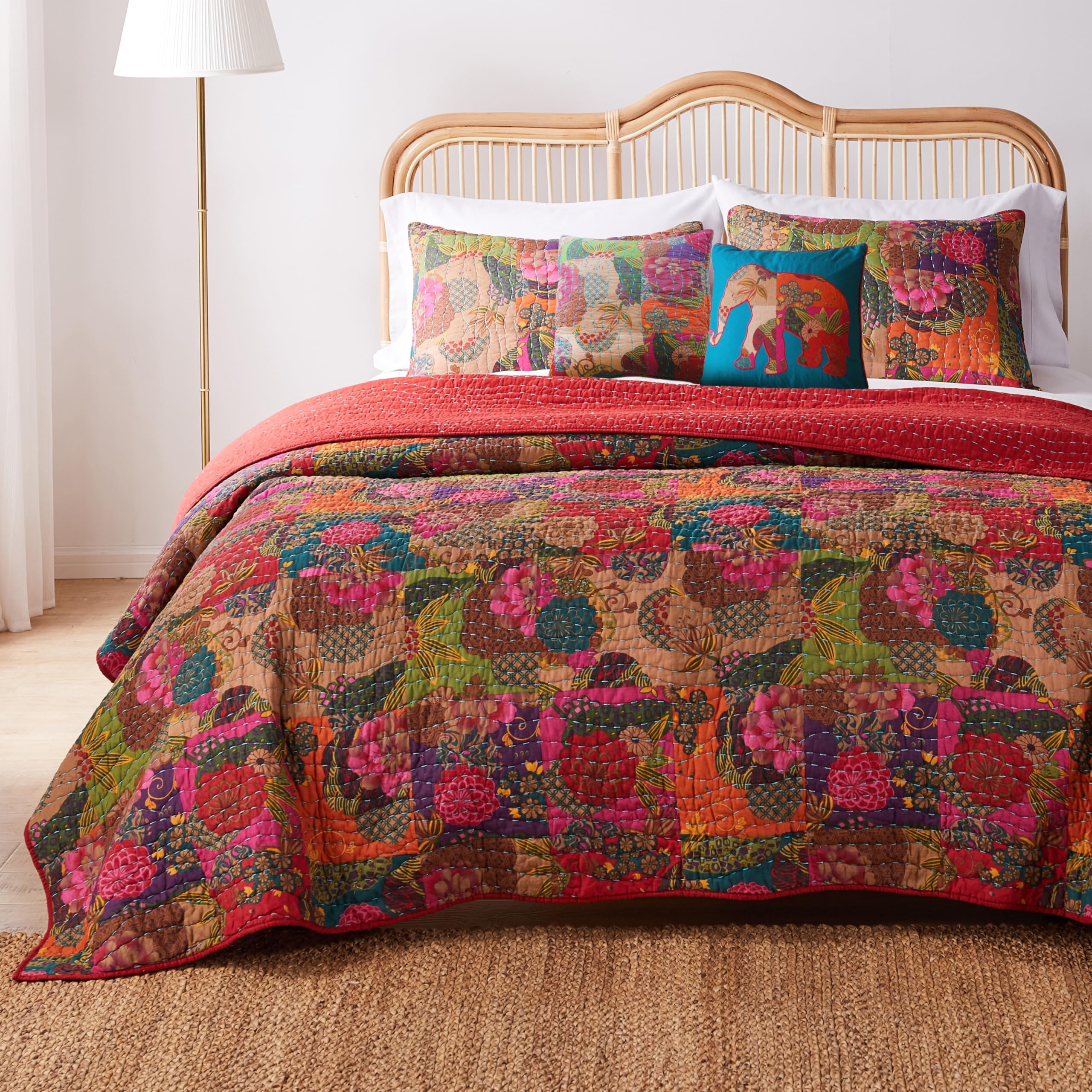 Greenland Home - Gl-1304Wbsq Jewel Quilt Set, 5-Piece Full/Queen, Red