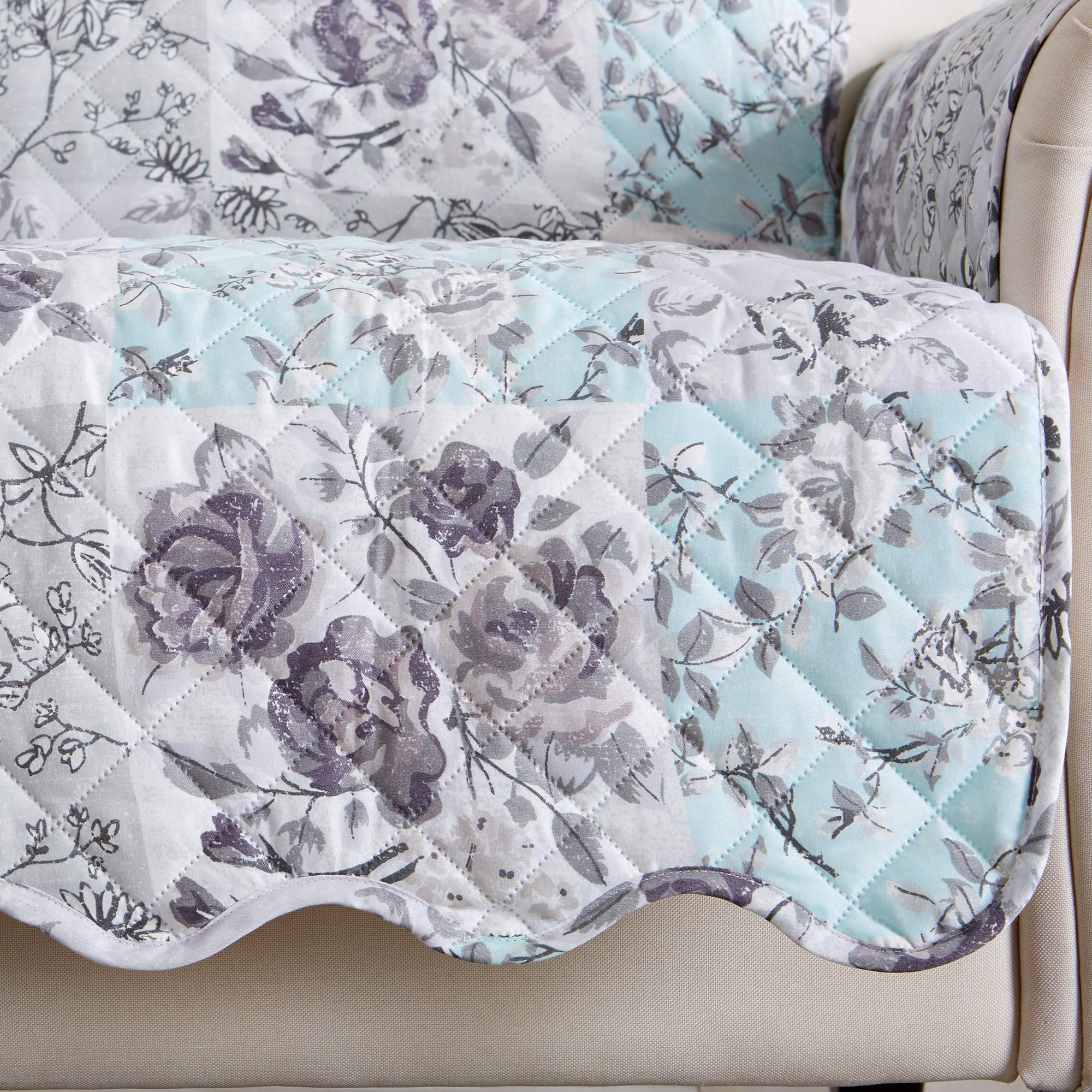 Reversible Floral Patchwork Furniture Protector Scalloped Edge Stain Resistant Printed Furniture Protector Maribel Collection (Chair, Gray/Aqua)