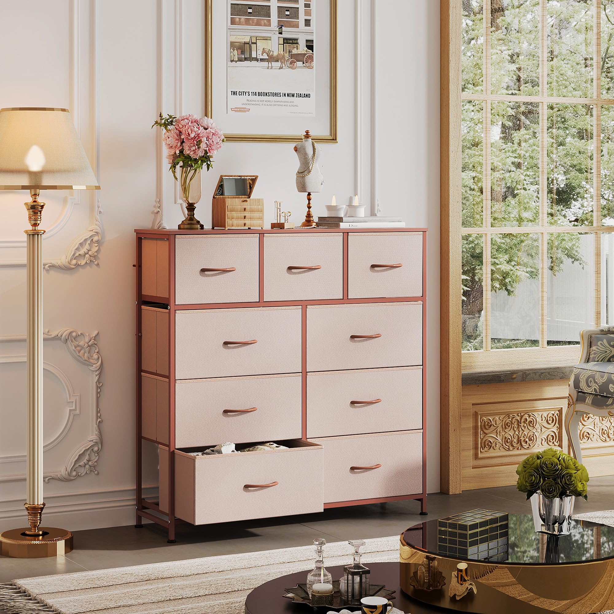 Wlive 9-Drawer Dresser, Fabric Storage Tower For Bedroom, Hallway, Entryway, Closet, Tall Chest Organizer Unit With Fabric Bins, Steel Frame, Wood Top, Easy Pull Handle, Pink