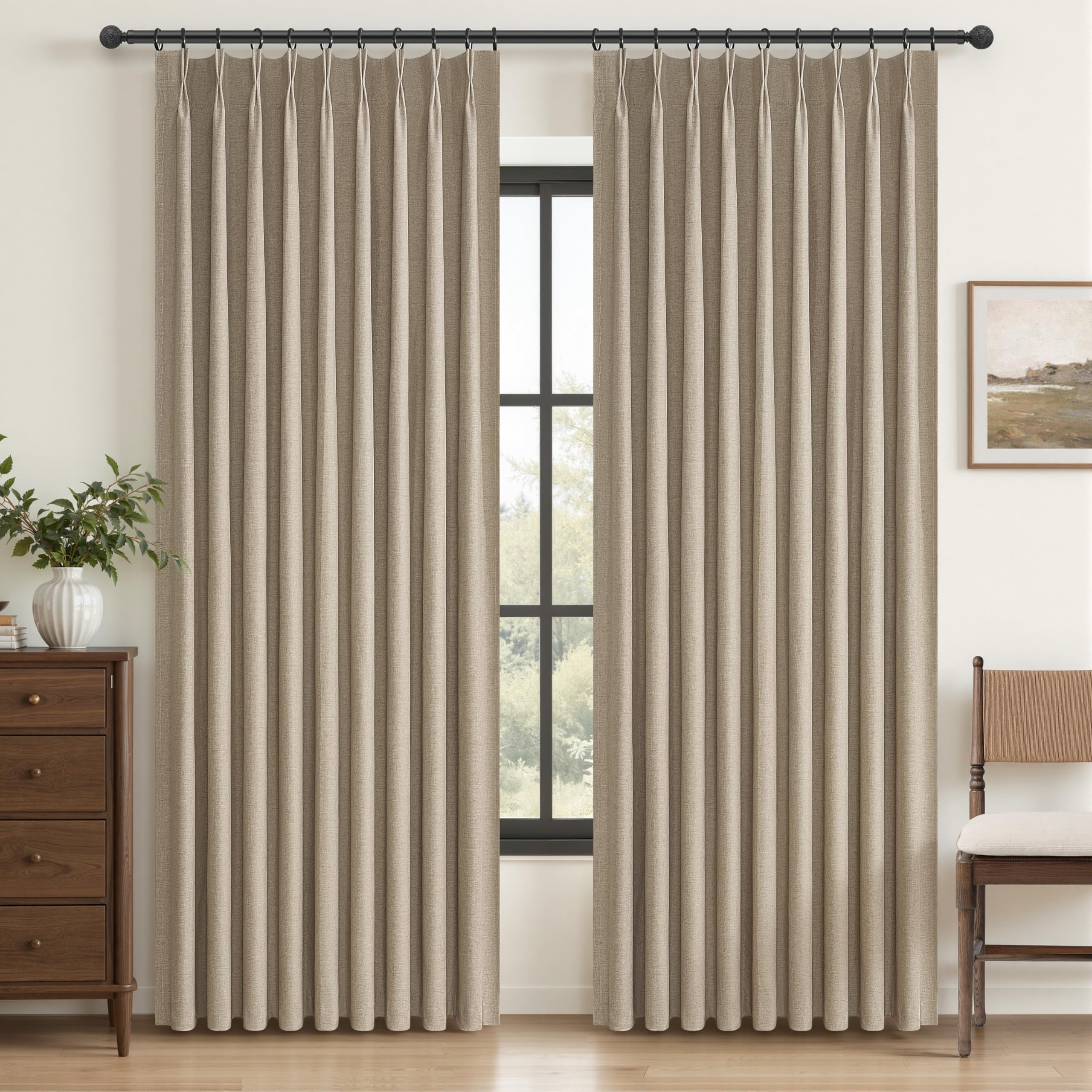 Pinch Pleated Blackout Curtains 60 Inches Wide for Living Room, Room Darkening Linen Blend Tan Viral Large Window Curtain for Be