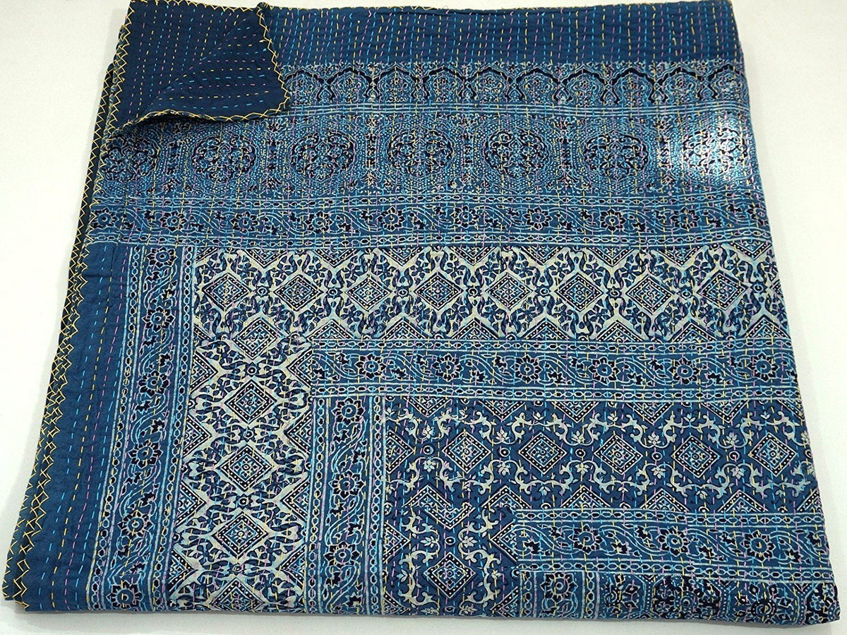 SophiaArt Blue Kantha Quilt Hand Stitch Block Print Kantha Ajrakh BedCover, Indian Bohemian Ajrakh Quilt