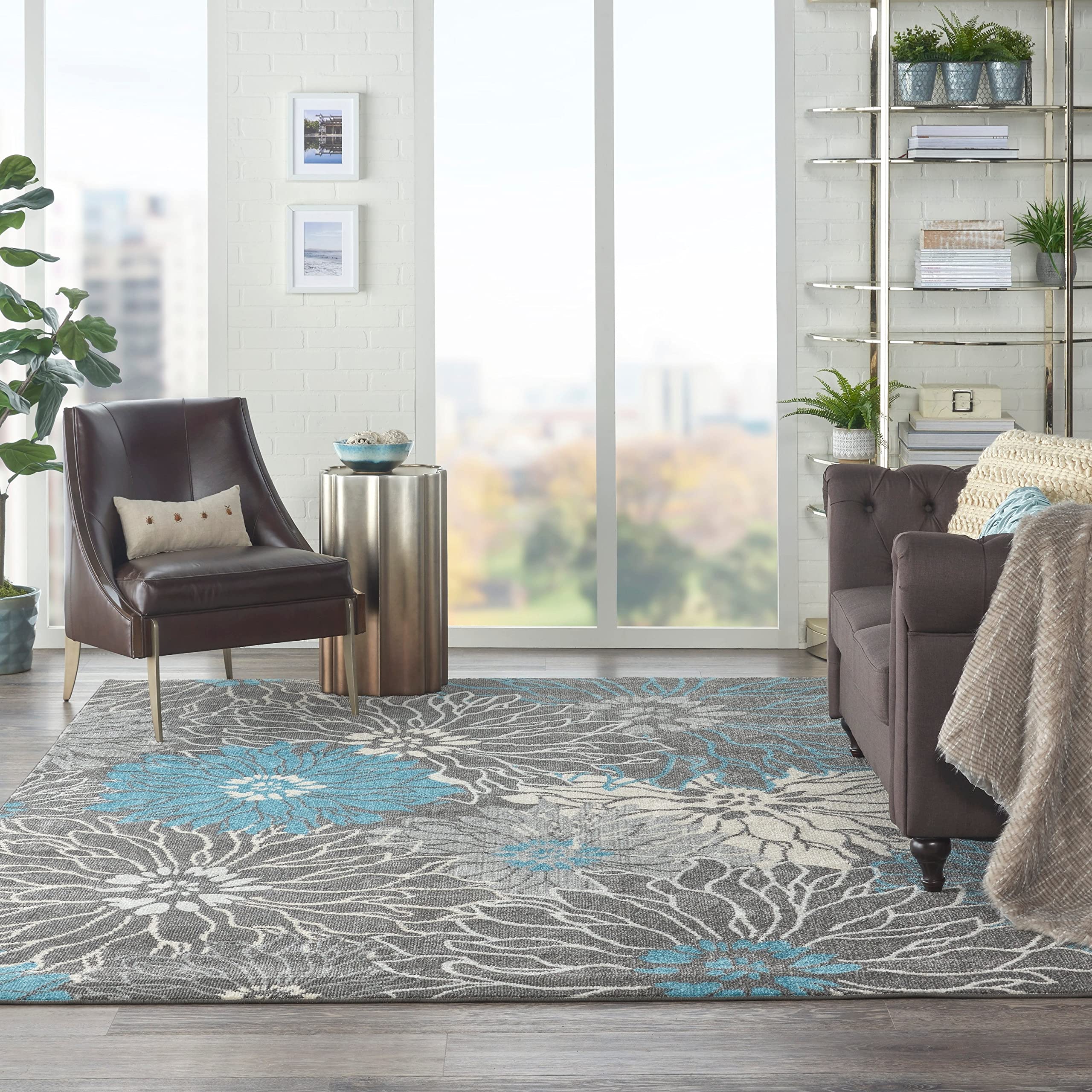 Nourison Passion Charcoal/Blue 9' X 12' Area Rug, Floral, Farmhouse, Easy Cleaning, Non Shedding, Bed Room, Living Room, Dining