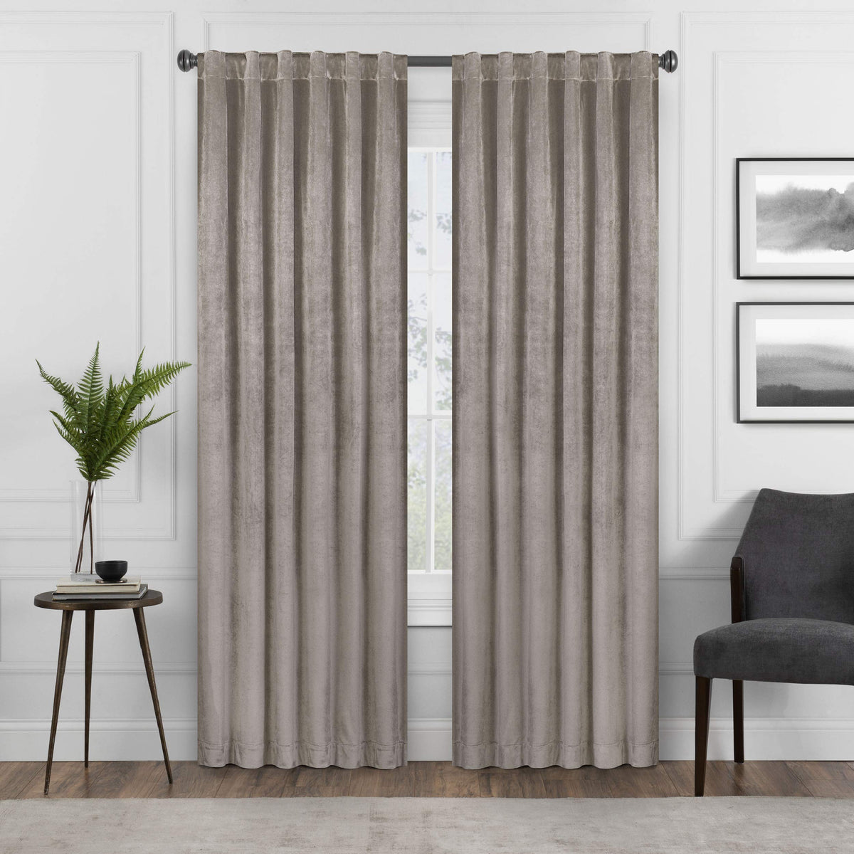Eclipse Harper Velvet Rod Pocket Curtains for Bedroom, Single Panel, 50 in x 108 in, Mushroom