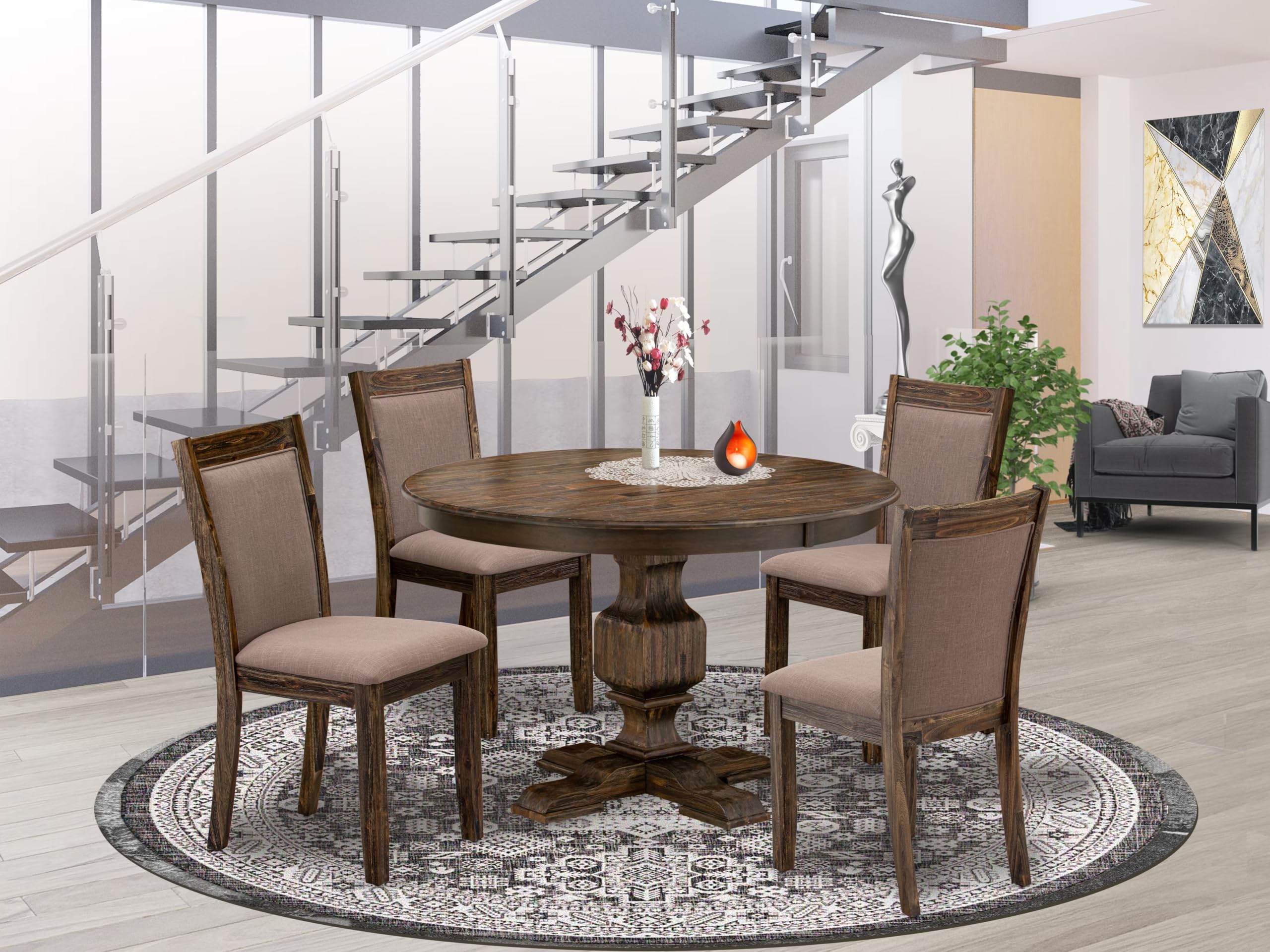 East West Furniture F3MZ5-748 5 Piece Dining Room Table Set Includes a Round Kitchen Table with Pedestal and 4 Coffee Linen Fabric Parson Dining Chairs, 48x48 Inch, Distressed Jacobean