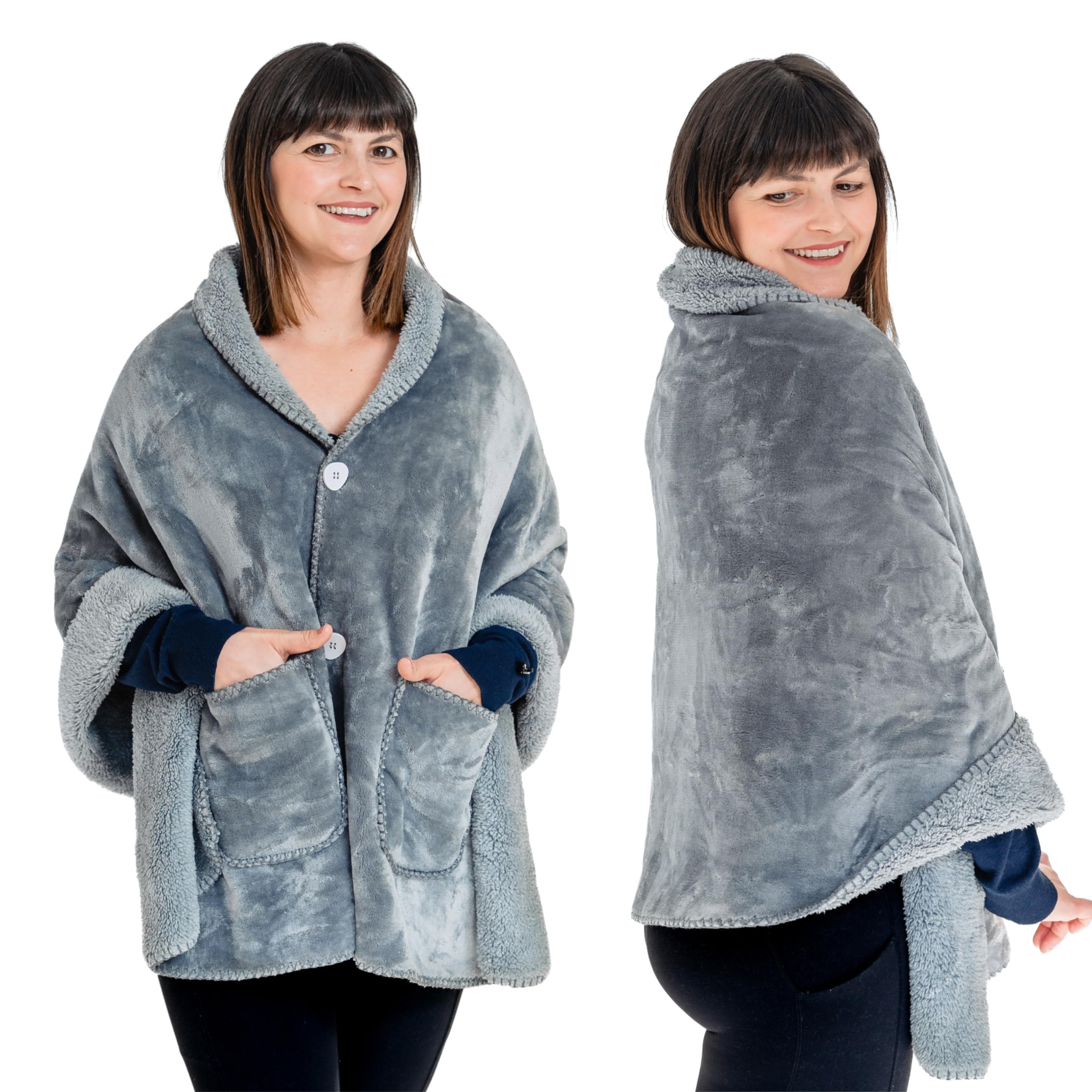 EzrAllora Double Layer Poncho Blanket - Sherpa Fleece - Silver Grey - 30x70 inches