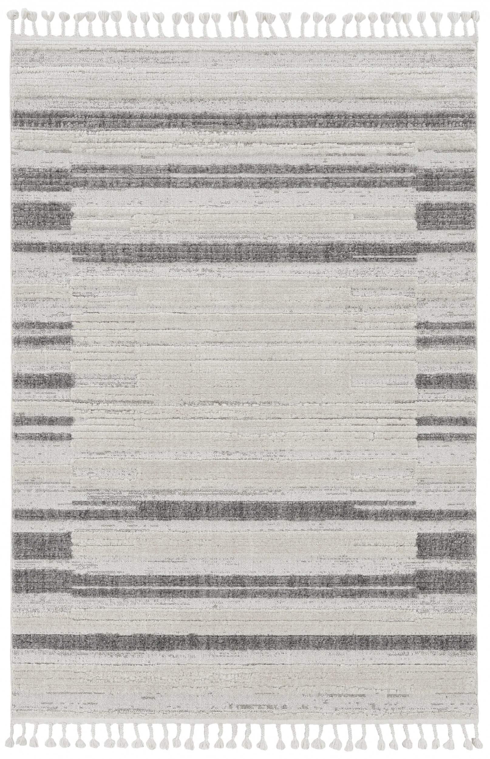 HomeRoots 5' X 8' Ivory Or Grey Abstract Brushstrokes Indoor Area Rug with Fringe