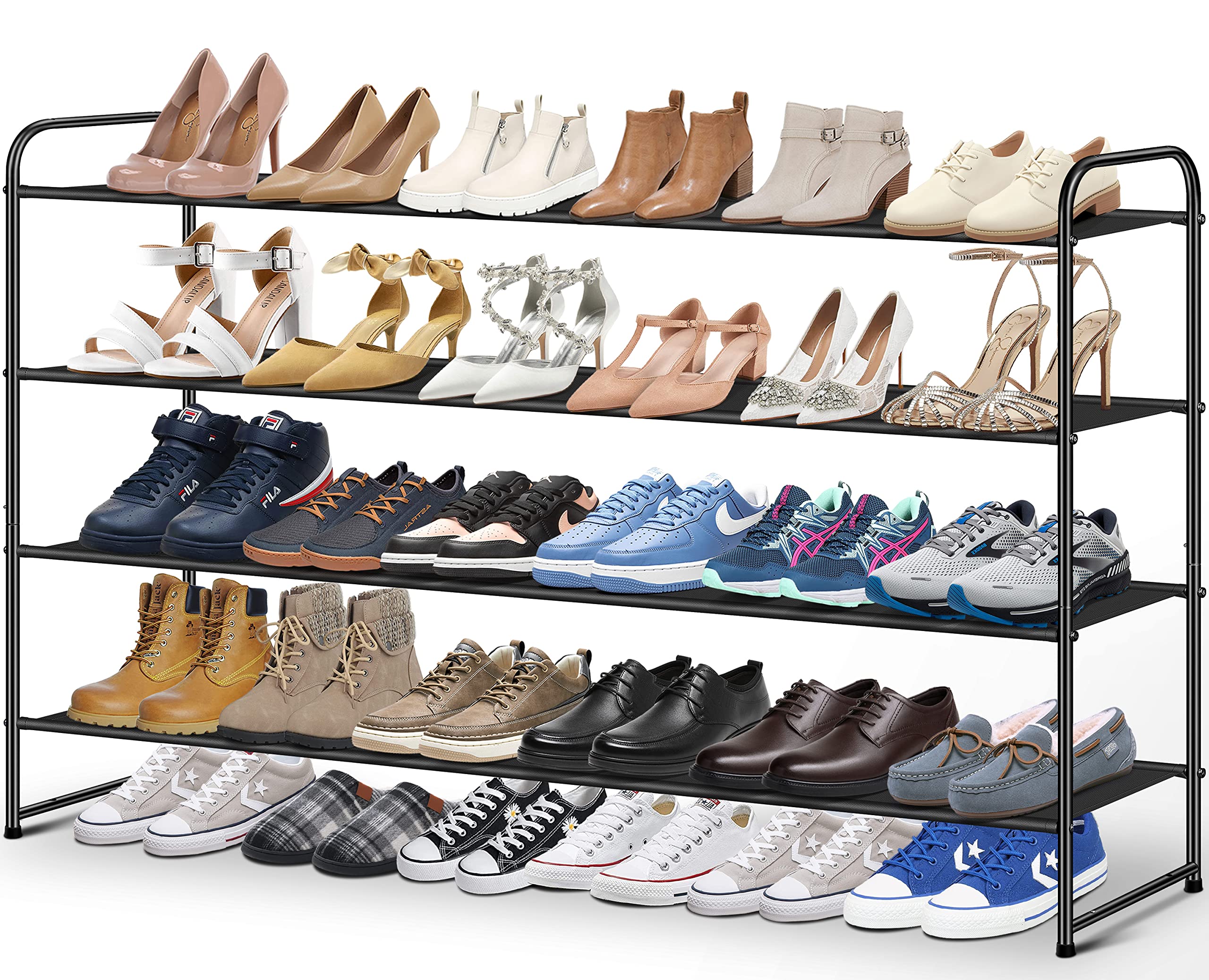 KIMBORA 4 Tier Long Floor Shoe Rack - Wide Storage Organizer for 30 Pairs - Stackable for Bedroom and Closet (Black)