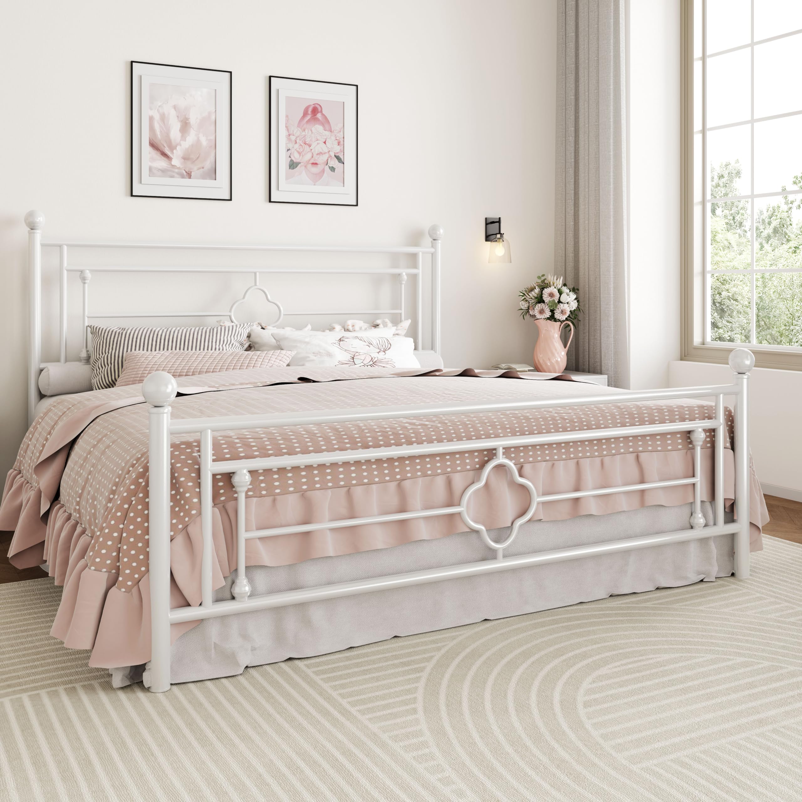 Sha Cerlin 14 Inches King Size Metal Platform Bed Frame/Vintage Iron-Art Headboard And Footboard/Mattress Foundation For Storage/No Box Spring Needed/Noise-Free/Easy Assembly/White