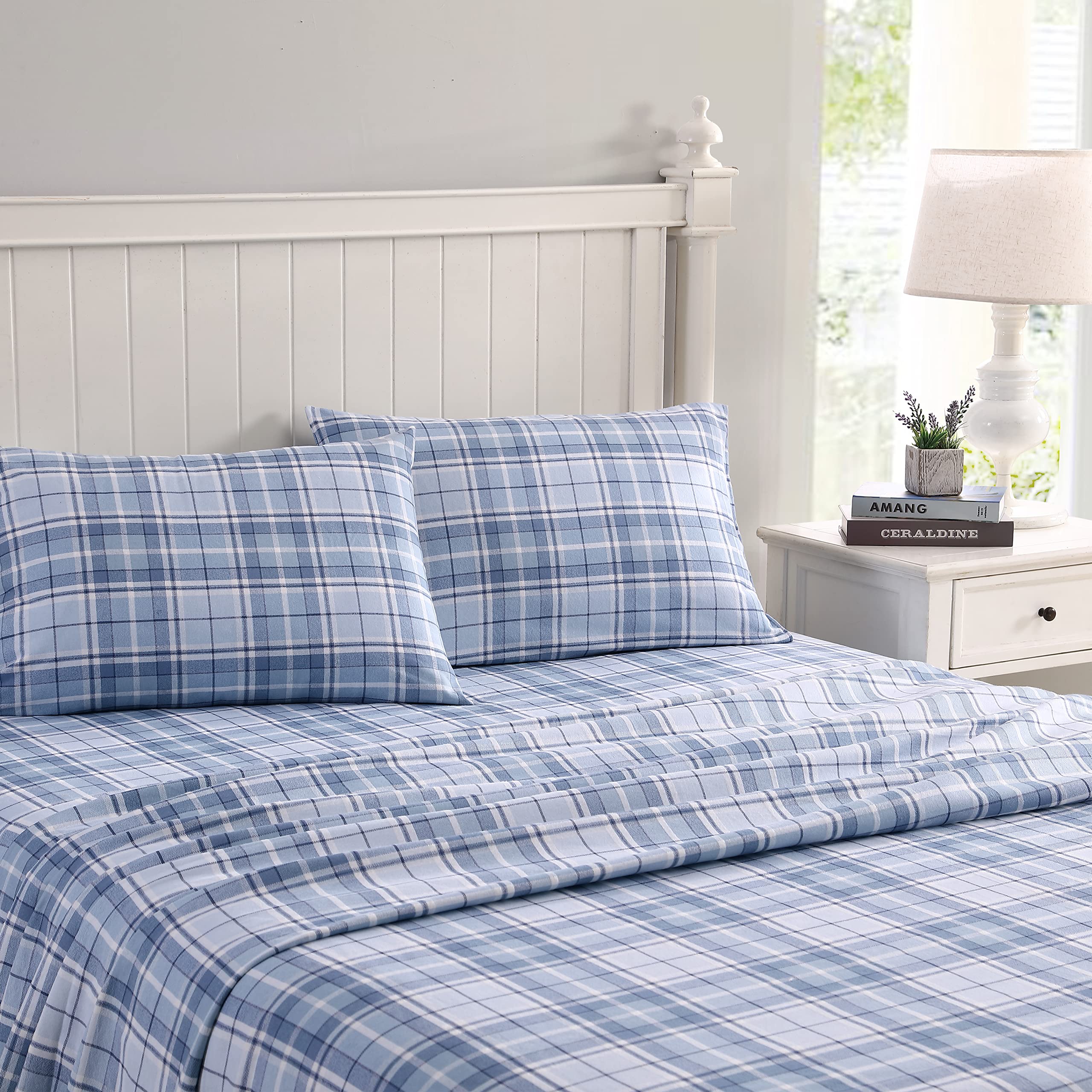 Laura Ashley Home - Queen Sheets, Cotton Flannel Bedding Set, Brushed For Extra Softness & Comfort (Mulholland Plaid Blue, Queen
